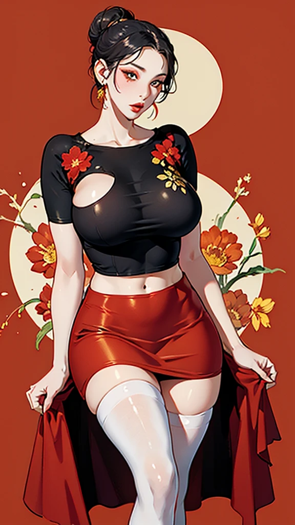 score_9, score_8_up, score_7_up, 1girl, seductive beauty, Maoist communist china uniform, red guard, cap , communist emblems, Chinese, honeytrap double agent, short skirt, busty, epicrealism, twbabexl01 enormous breasts, (cleavage:1.3) ,Political Symbolism, glorification of the revolution, Narrative Composition, Soviet Socialist Realism, traditional Chinese artistic elements, calligraphy, Chinese history and folklore, in the style of a chinese propaganda poster