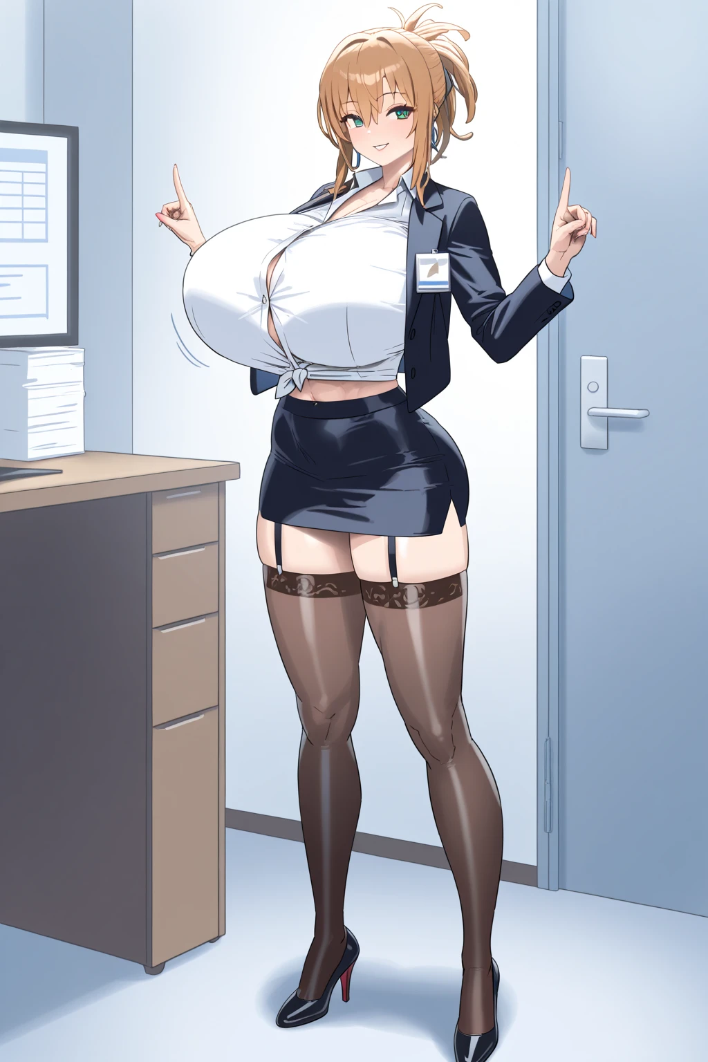 ((super high quality,Ultra-high resolution,4K,8k,super masterpiece,Ultra HD)),Looking down from above,One Mature Woman,Beautiful Office Lady,Business Suits,Tight Skirt,(popped collar Suits,Collar stand,Large collar,Tight collar), sexly, Leaning forward greatly,Put your hands on your hips,Smile,Thin eyebrows,
