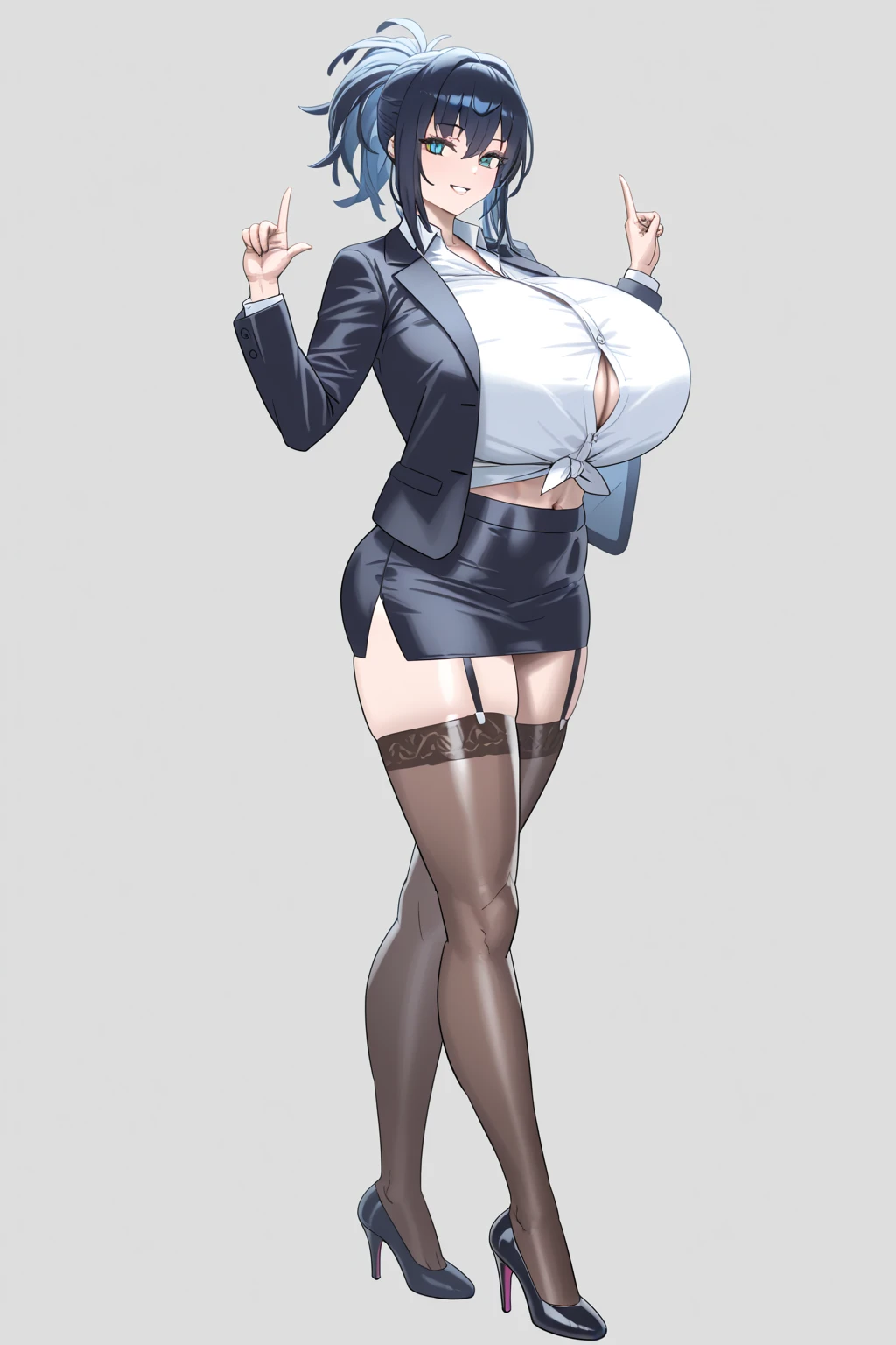 score_9, score_8_up, score_7_up, score_6_up, score_5_up, score_4_up, (solo), female anthro werewolf, secretary clothes, skirt, lusty, fluffy body, black hair, turquoise eyes, (thick thighs:1.5)(offering her ass) sexy partial clothes, (cleavage) semi-butonned uniform niform,  (she is sitting on the ground) , giant breasts, garter belt tights , ((focus on ass)), watch your back, biki big ass sexy ass sexy but invitation, on knees (((low angle vie)))
