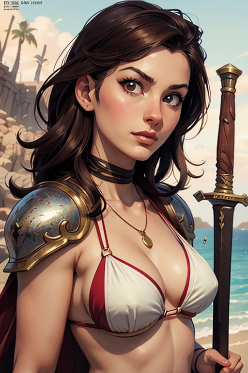 Crie uma imagem que destaque a beleza de Kassandra, personagem feminina do jogo 'Assassin's Creed', along with your eagle companion in a setting evocative of the game, nas belas praias de areias brancas, with pomegranate trees laden with fruits, ela aparece de corpo inteiro na beira da praia