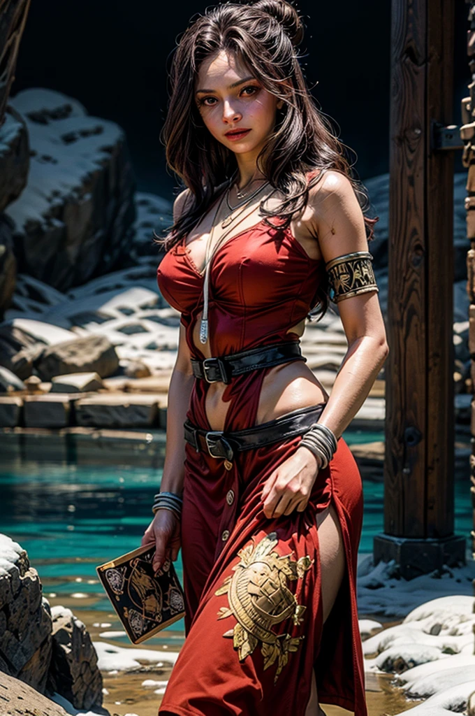 A fierce and uninhibited naked Korean female barbarian standing tall and proud on the rugged, crimson battlefield. Her voluptuous body, adorned only with intricate tribal tattoos that weave and dance over her toned flesh, gleams with the sweat of combat. Long, raven hair cascades down her muscular back, fluttering in the harsh wind that carries the scent of blood and victory. In one hand, she wields a blood-stained, iron-studded battle-axe, its handle wrapped in the fur of her slain enemies, and in the other, a torn and frayed shield, evidence of the fierce battles she has endured. Her eyes, alight with a feral intensity, survey the horizon as if daring the gods themselves to challenge her dominance. Her ample breasts, unrestrained by the confines of armor, jut forth proudly, nipples hardened by the chill of the battle-soaked air. Her powerful thighs, a testament to countless hours of rigorous training, flex and ripple with muscle as she prepares to charge into the fray once more. The surrounding landscape is a tumultuous blend of jagged cliffs and ancient ruins, serving as a dramatic backdrop to her primal beauty and brutal prowess. The crimson light of the setting sun casts long, deep shadows across her body, accentuating every curve and battle scar, as she stands as the ultimate symbol of untamed strength and sexuality amidst the chaos of war.