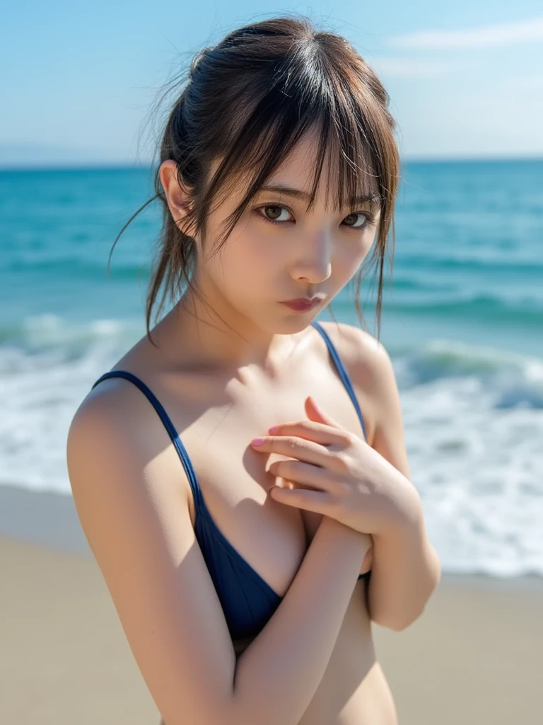 (masutepiece:1.3), (8K, Photorealistic, Raw photo, Best Quality: 1.4), Japanese, (1girl in), Beautiful face, (Realistic face), (Black hair), Beautiful hairstyle, Realistic eyes, Beautiful detailed eyes, (Realistic skin), Beautiful skin, Attractive, 超A high resolution, A hyper-realistic, Highly detailed, Golden ratio,School uniform. (3 Gills:1.5), (Sony Alpha 1, 50.1 megapixel full-frame CMOS sensor, 8K video recording function), (telephoto lens), (Realistic),(8K, 超A high resolution, Best Quality, masutepiece:1.2),Ultra-detailed,beautifull detailed face, FULL ANATOMY,(Beautiful detailed eyes:1.3),Smile,extremely delicate and beautiful, Extremely detailed, nffsw, Unity, 8K Wallpaper, amazing, finely detail, Ultra-detailed, High resolution, Extremely detailed, extremely detailed eye and face, ((sea side:1.1)),((Colorful micro bikini:1.1)), [Ponytail],(huge-breasted, cleavage:1.3),