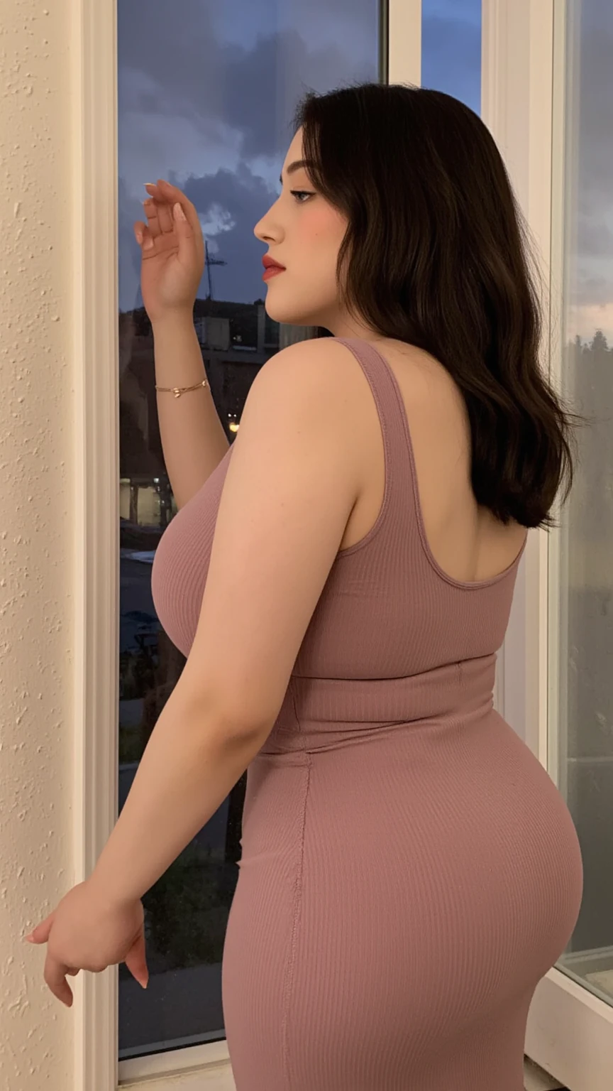 (top-quality, masterpiece,photo realistic,ultra-detailed,Textured skin:1.2),(from below),(1 girl),booty pose,unfaced concrete Background,
break  knit dress,glossy lips,
break (japanese mature woman),(50 years old),
break (natural hair style),natural eyeblow,smile,