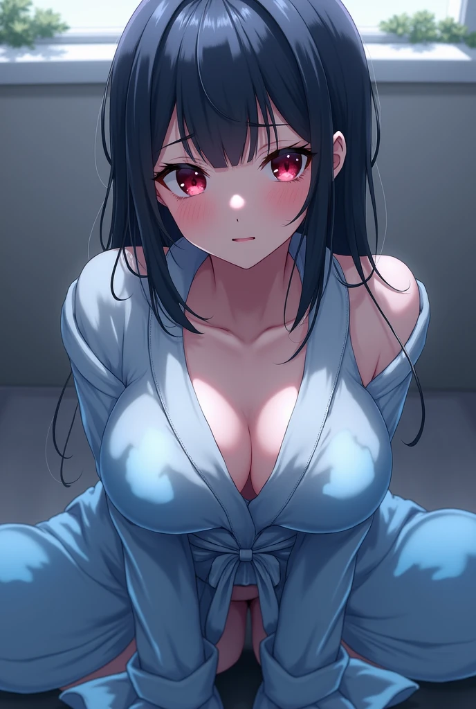 (((highest quality, High resolution, Like Japan cartoons))) , (Blizzard,snow scene),red eyes, 1 girl, alone, looking at the viewer, black hair, medium breasts, closed mouth, clavicle, broken kimono,white kimono, thighs,Two-dimensional beautiful girl,Japan anime beautiful girl