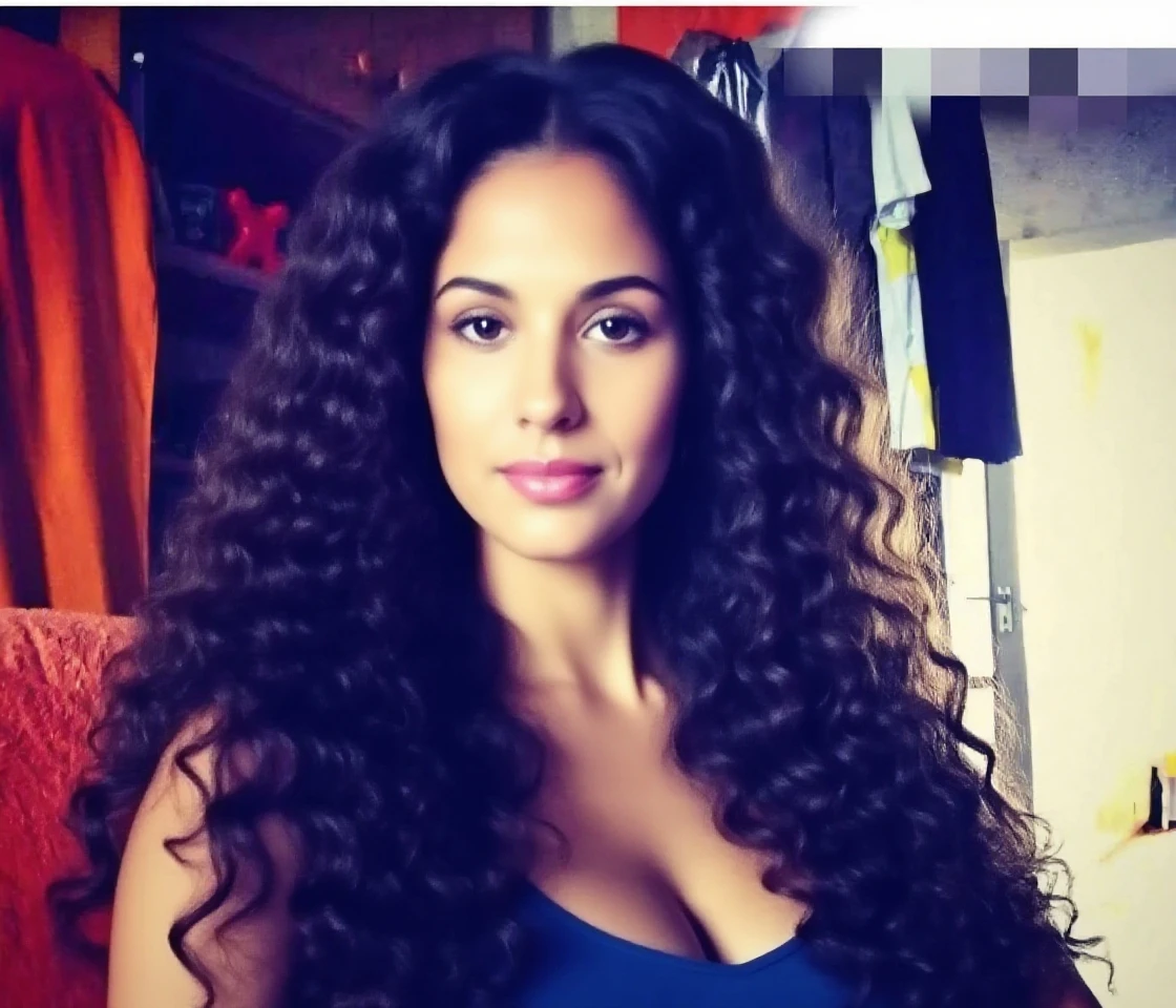 a captivating and vivid portrait of Brasil's spirit. In the foreground, a woman with an ethereal beauty and deep blue eyes gazes seductively into the camera, her long, wavy hair cascading down her shoulders. She wears a tight ponytail, and her flirty look is accentuated by a red lip and a hint of a seductive smile that shows a peek of her teeth. Her sultry pose is set against the backdrop of the towering structure and the vibrant cityscape.
The towering structure, standing proudly above the bustling city, reveals intricate textures and nuances in high definition. Each brick and crevice is expertly