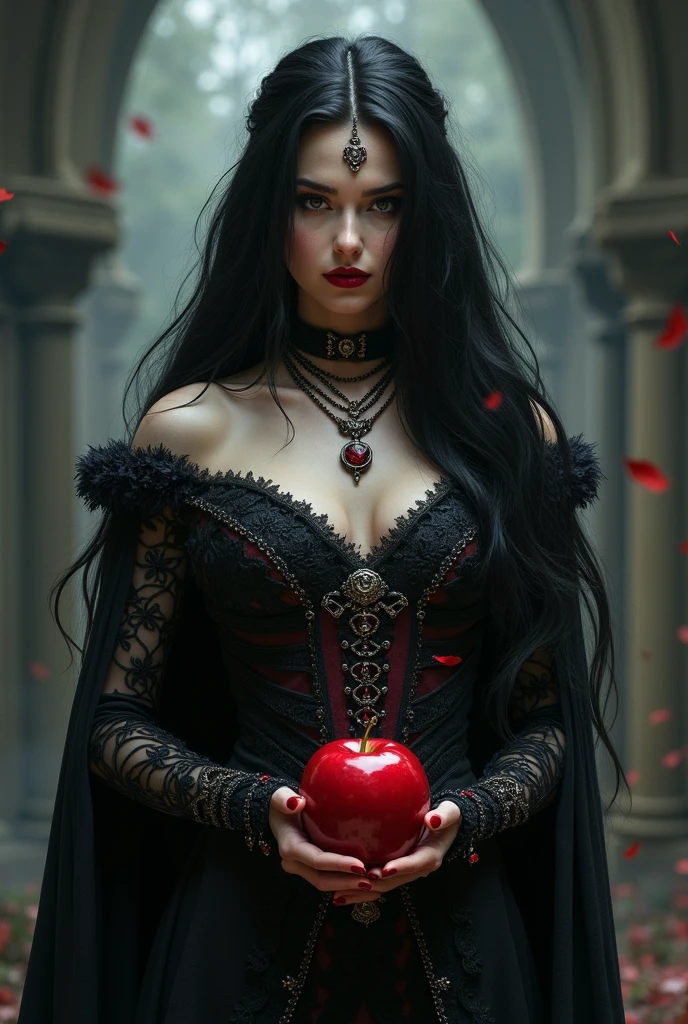 A dark and beautiful woman with long black hair, dressed as a witch queen with intricate accessories, holding a poisonous red apple, (best quality,4k,8k,highres,masterpiece:1.2),ultra-detailed,(realistic,photorealistic,photo-realistic:1.37),detailed eyes,detailed lips,extremely detailed face,longeyelashes,dark fantasy,gothic,dramatic lighting,dramatic pose,chiaroscuro,rich colors,deep red,deep purple,black and red