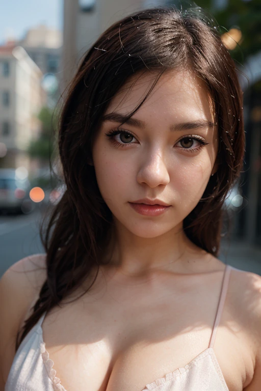 Une jeune femme de la vingtaine, of Asian descent with brown hair and milky white skin and green eyes and pink lips