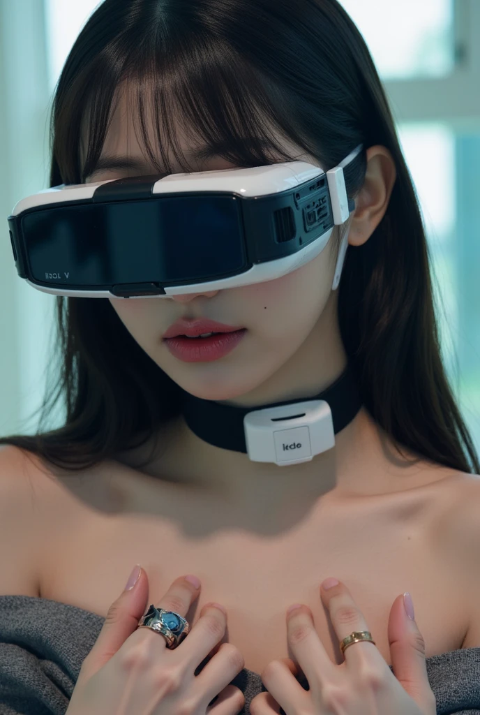 Best quality, one person, ((masterpiece)), 8k, raw, ((a hot chick young beautyful big  girl)), ((detailed face)), (there is a dark cyber room in the background), (good anatomy), detailed eyes, detailed face, (((straight long black hair))), (((black lacy lingerie with Garter Belts Sexy ))), ((nurse outfit)), (((good anatomy))), (big tits), (((posing with her breasts))), facing the camera, makeup, (PUSH UP TITS), (((WEARING A VR Headsets))), (tits on focus), fullbody