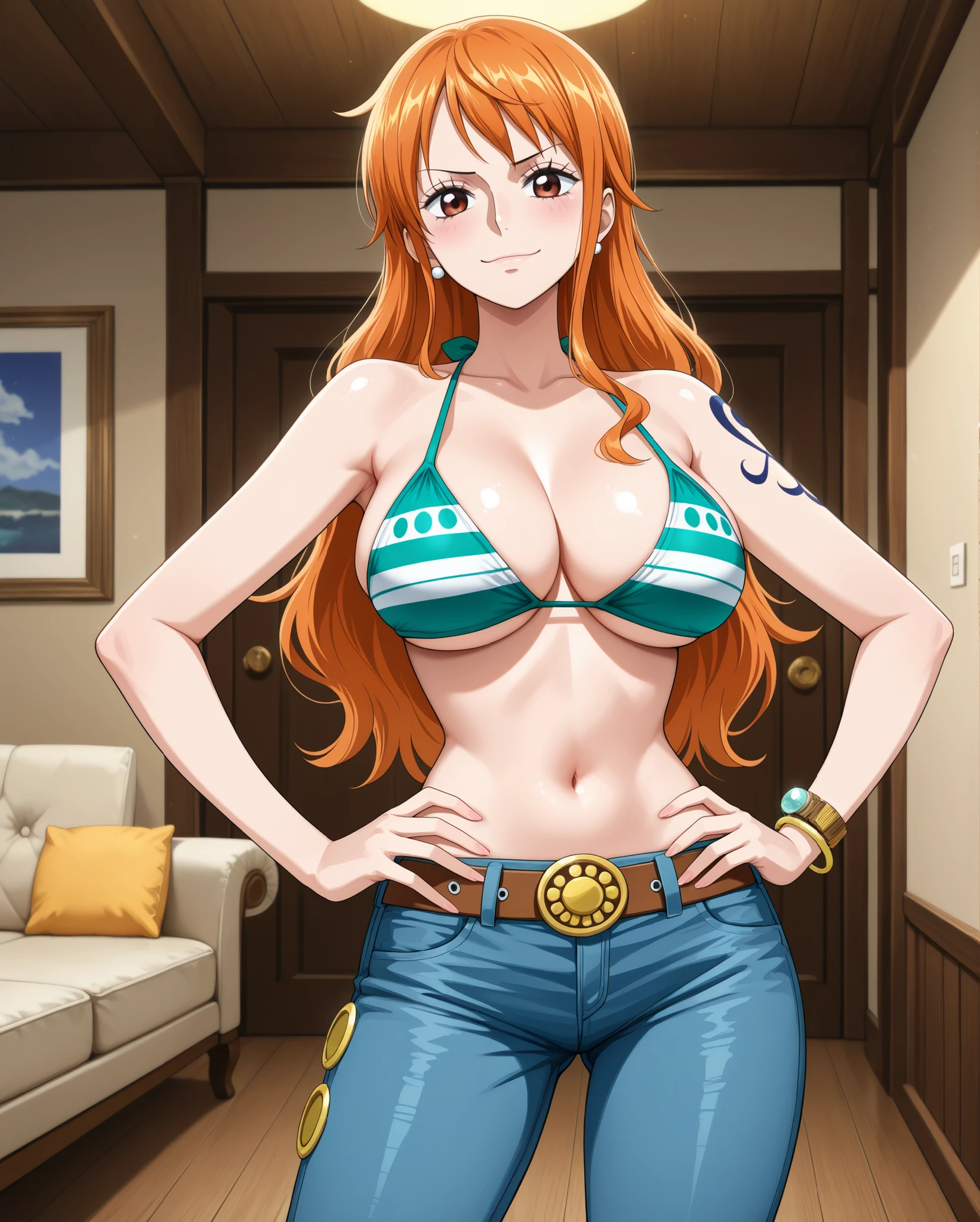 (open eyes, eyes wide open, happy, neutral expression, 
hands on hips, standing, standing straight, front view, cowboy shot,) medium breasts, 

	Nami \One piece\, 
long hair, orange hair, brown eyes, 

bikini top only, striped bikini, green bikini, 
jeans, blue pants, pants, jean pants, 
bracelet, belt, 

living room, 
1 girl, solo, 

bright face, perfect face, expressive eyes, large eyes, big eyes, flatshading, masterpiece, best quality,  amazing quality, slim, cute anime girl, source_anime, milf, motherly, tall female, mature female, (mature anime female, seductive anime girl, mature_lady, beautiful anime woman, attractive anime woman,) anime style, 