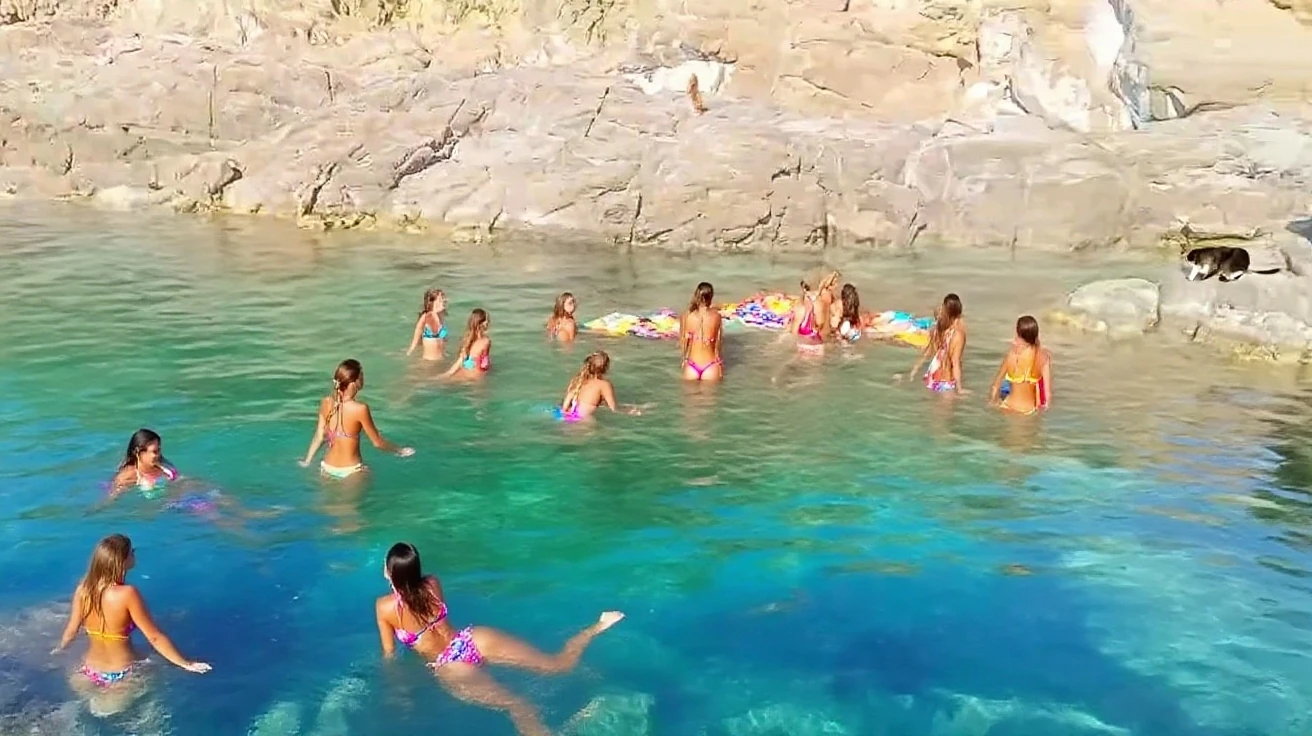 A breathtaking masterpiece with stunning 8K resolution. The image immortalizes a naturist family -(((composed of a father, a mother and children))) - dive and play in the depths of the sea ((surrounded by colorful fish)). The atmosphere is a symphony of joy and admiration for each other and for the natural beauty that surrounds them. Children playing with the colourful fish, colourful vibrant chorals, Sunlight creating a mesmerizing underwater glow, crystal water