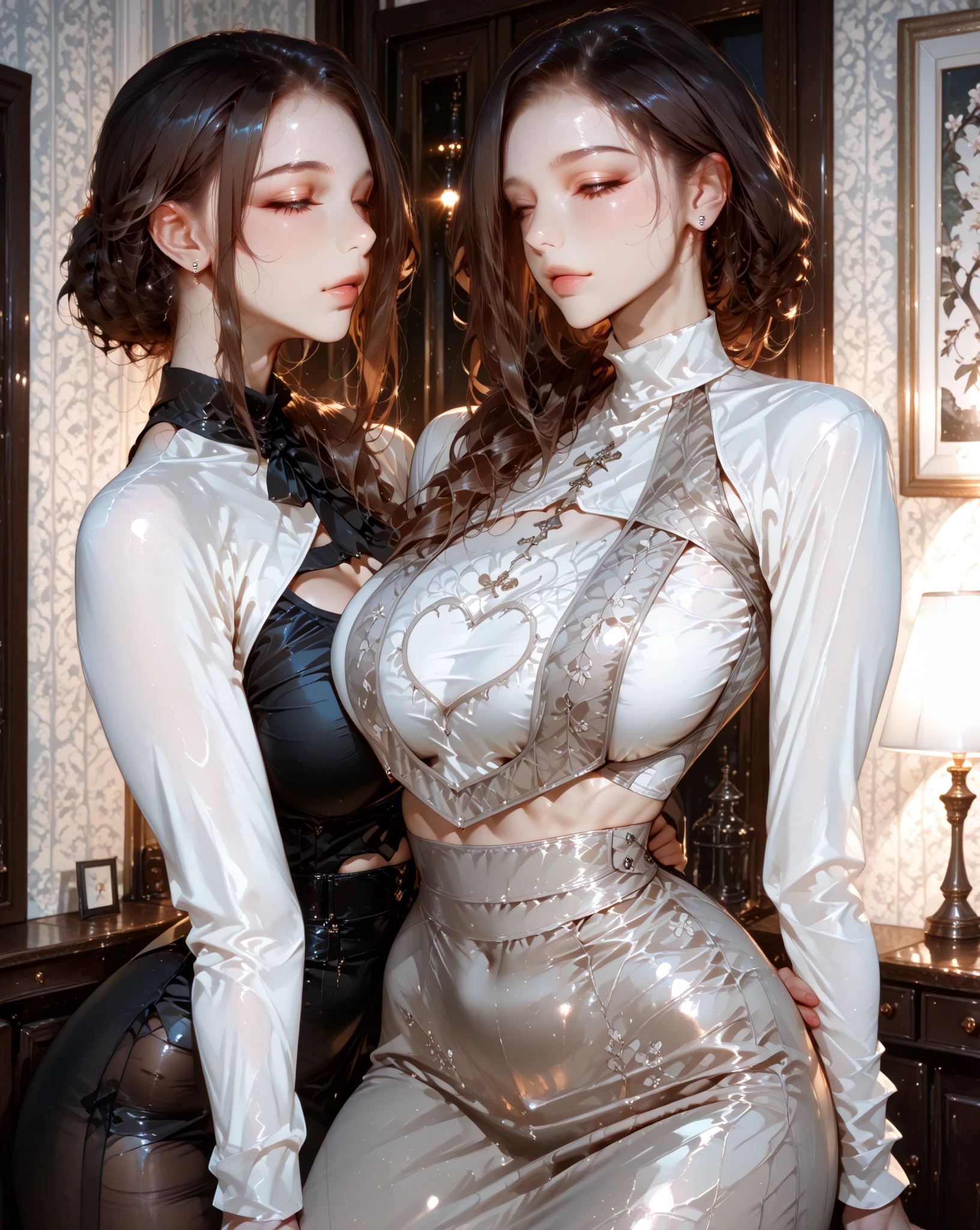 ((Masterpiece: 1.3), (wet: 0.9, white silk coat, pantyhose: 1.2), brightly colored spots, black hair, (1girl), (chest, figure), (areola slip: 0.75), (blush: 1.1 (blush)), (cameltoe: 1.15 (camel toe)))