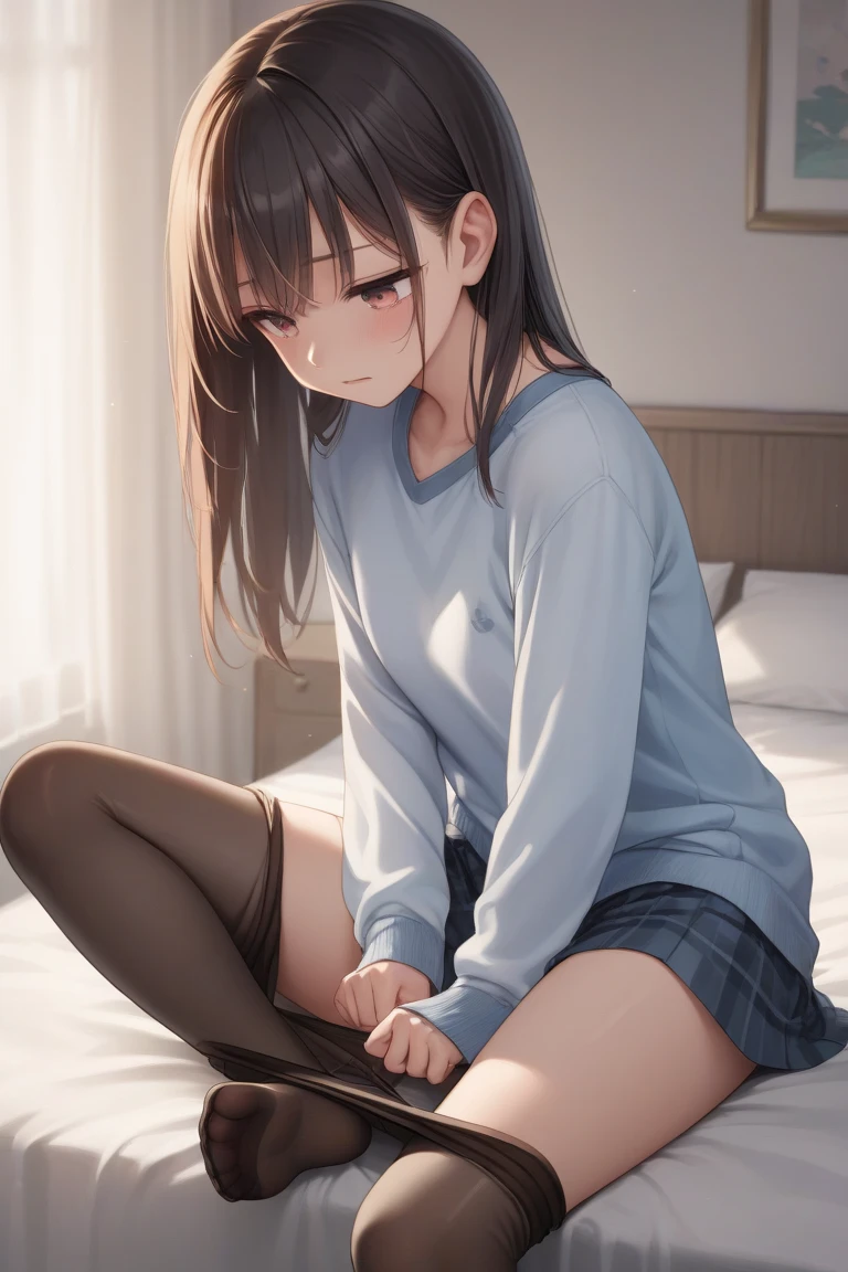 highest quality, masterpiece, High resolution, (Head to toe full body view), Front view from slightly below, Symmetrical Configuration, Precisely balanced composition across the body、18-year-old, Slim and beautiful girl, alone, (Small breasts), (No shoes), Long brown hair, bangs, (Black Pantyhose), (Sit on the floor with your legs open), (Spread-legged pose on bed), (Her legs were spread、White panties are visible.), (Open your mouth with a pained expression), blush, Shy big eyes, Looking at the camera, high school girl&#39;Blazer uniform, Checkered Pleated Skirt