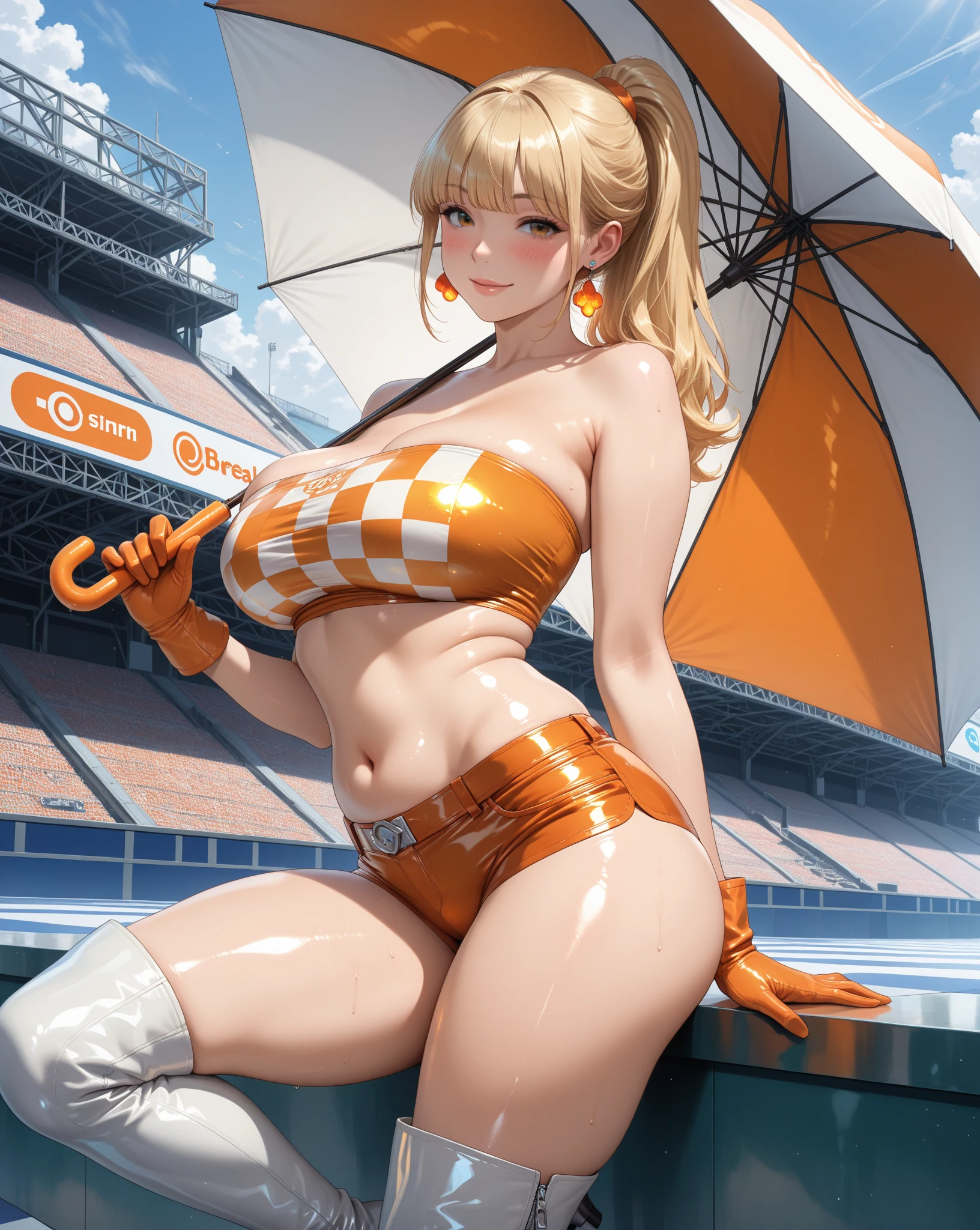 Shot from below、Standing with your legs apart、Standing with feet shoulder-width apart、Cute girl、highest quality、Ultra - High resolution、High resolution、Highly detailed CG、8k unit wallpaper、18-year-old、Careful and gentle eyes,Delicate and beautiful smile、Platinum Blonde Hair、Asymmetrical Hair、((( Dark Skin:1.5)))、(Shiny body,:1.5)、rabbit ears、(((loose socks、big breasts))) 、(Orange motocross jacket with green details, Biker clothes. Detailed design、bikini)Double Peace 、2.5D