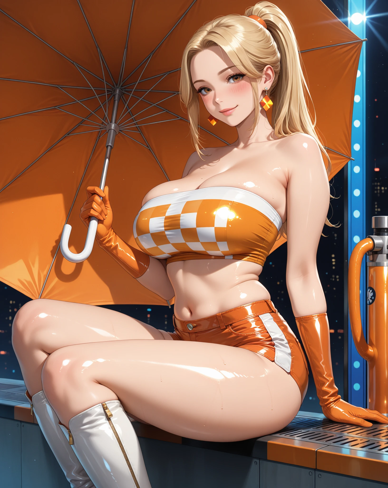 A female version of Inspector Gadget (cute sexy inspector 2 piece outfit, detective hat that has opened at the top and extended a robot arm holding an umbrella), downpour rain, new york