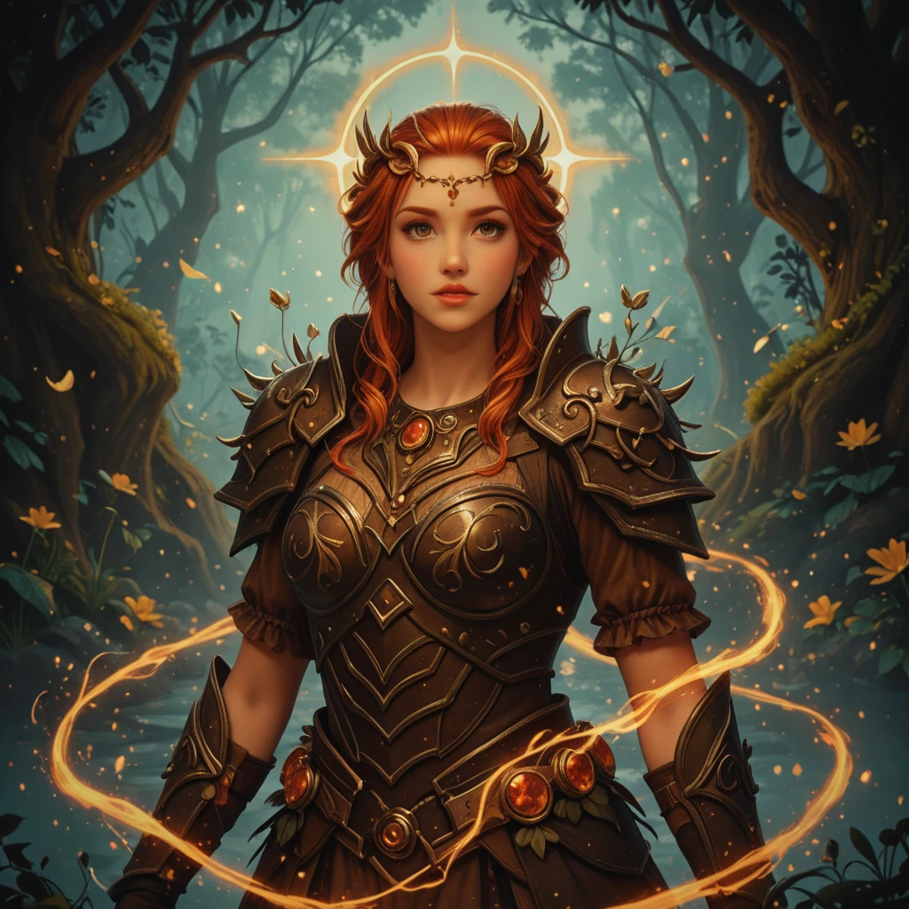 ultra detailed druid goddess with a crown made out of pure light, kind-hearted with a penetrating gaze, golden glow, extremely detailed and beautiful face, gorgeous body, soft copper-colored hair, she wears druid armor, ethereal, magical glow, fantasy art by Mschiffer, ultra sharp focus, ethereal glowy smoke, light particles, roses and vines, brambles