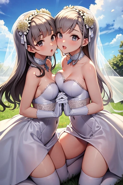 (Masterpiece:1.3, premium, ultra high resolution, ultra detailed), (realist, photorealist:1.4), beautiful illustration, (Natural side lighting, movie lighting), Depth of fields, looking at the viewer, bust photo, 1 girl, 16 years old, Perfect face, (perfect anatomy), cute and symmetrical face, baby face, shiny skin, slender (wide:1.8, Straight hair:1.2, silver hair), hair over one eye, purple eyes, pink lips, long eyelashes, (big breasts:1.3), beautiful hair, beautiful face, Beautiful detailed eyes, beautiful clavicle, beautiful body, beautiful chest, beautiful thigh, nice legs, beautiful fingers, detailed fabric texture, ((naked)), flower head, touched, ((naked, unclothed, without thong, Sin blaze, without any clothes)), (collar, arete, branch, (lace gloves:1.2), (Veil:1.2), (Short transparent veil:1.2), (beautiful landscape), evening, crystal clear sunlight, (church, Stained glass) walking, (happy smile, blush), With her legs open touching and showing her vagina (( las dos nakeds))