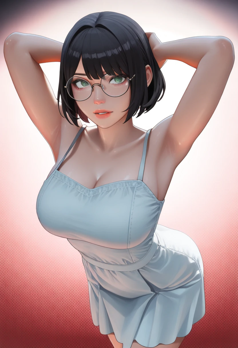 (1girl:1.3), Masterpiece, Best quality, amazing beauty, 4K, absurdres, finely detail, super detailed eye, perfect anatomy, official art, cinematic lighting, BREAK, Skyscraper, silky bob cut, black hair, super shiny detailed brown eyes, Looking at Viewer(camera), glasses, embarrassed, BREAK , big breasts, arms behind back, BREAK , (pink underwear:1.2), BREAK,()