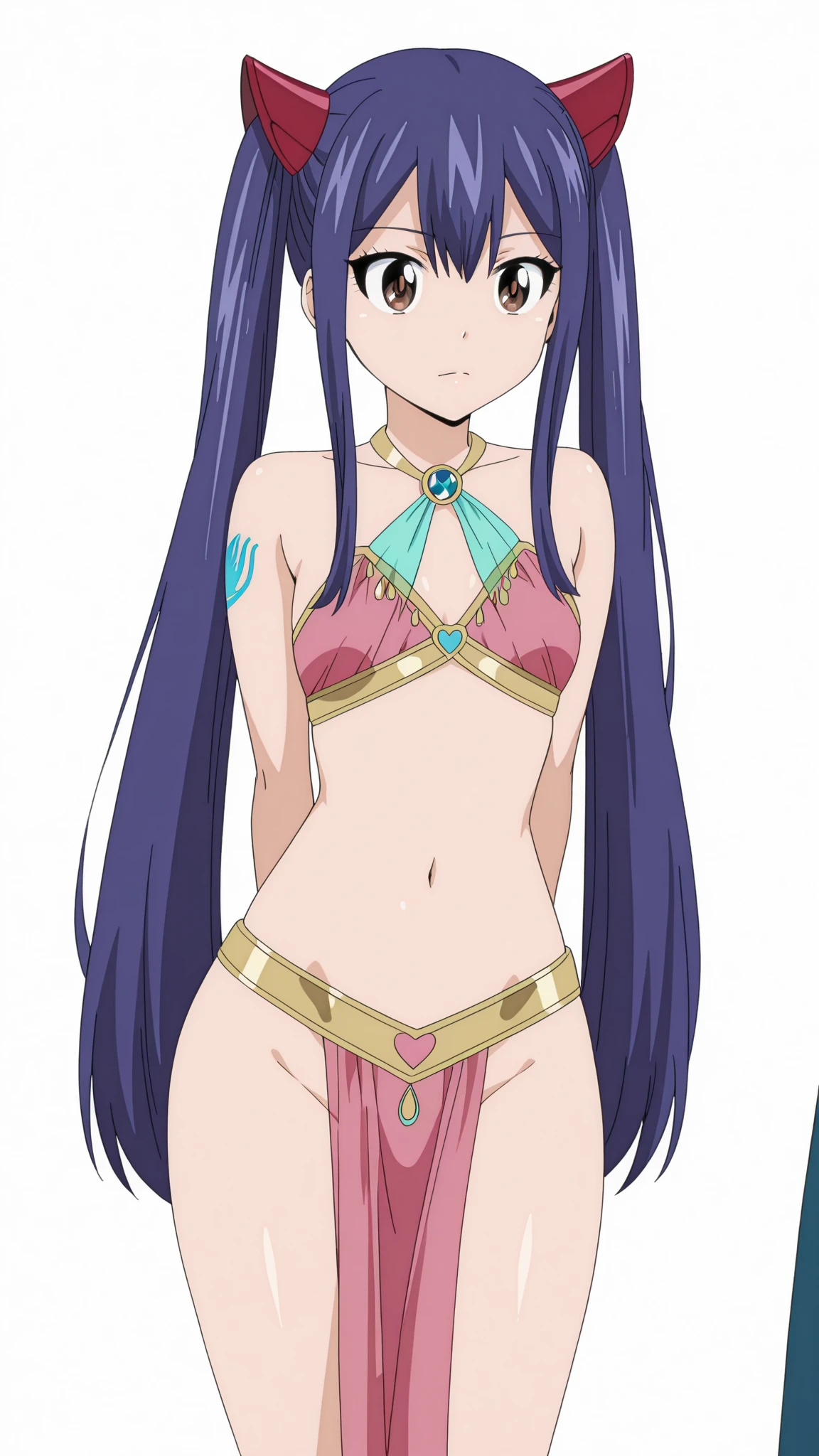 masutepiece、hight resolution、Long-haired girl、short stature、DQ wise man、A slender、Junior Idol、tits out、a navel、hairarmpits、Blue hair、circlet、skinny thigh、plein air、in woods、Photograph the subject from below、Standing with legs spread、Fighting、dqManya, circlet, earrings, choker, bracelet, armlet, bikini, loincloth