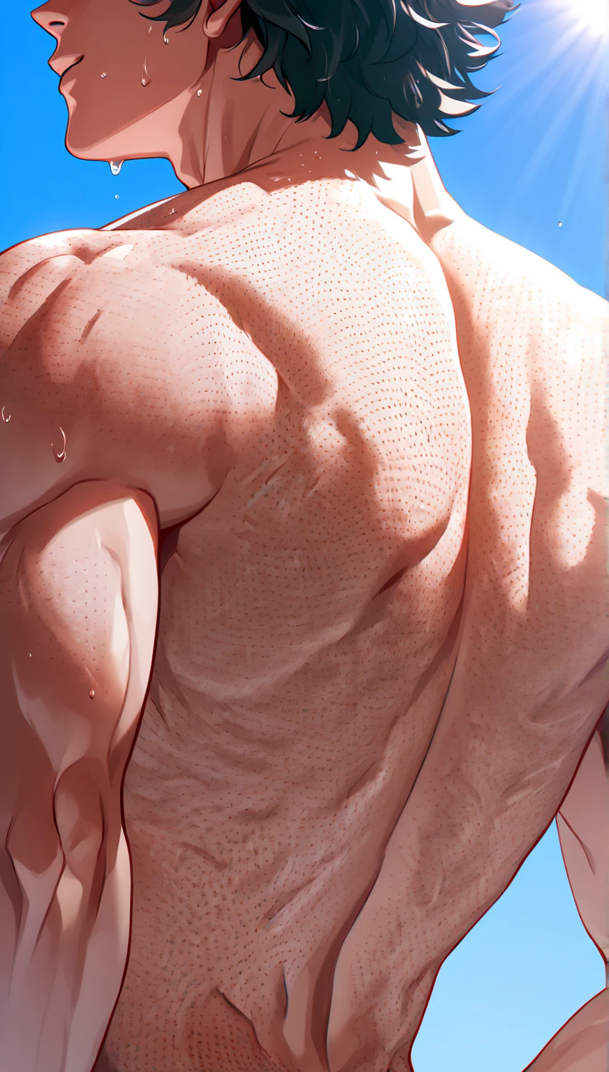 Backshot of a giant muscular man, on his knees, looking at the camera behind, buff giant, bubble butt, thick thighs, hyper muscle butt, wearing white briefs, alone, HIGH QUALITY, BARA ART