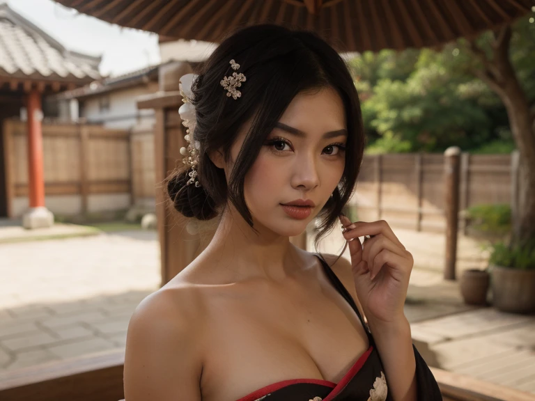 absurderes, ultra-detailliert,bright colour,(8K:1.5),masuter piece,extremely beautiful detailed face and eyes、Valley、Summer morning、Guibli,sexypose,Beautiful breasts,25years old,Japanese Kimono,
