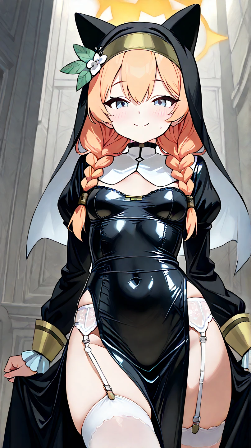 A beautiful woman dressed as a church sister, Strike a pose gracefully. She has a perfect face、, Expressive eyes, long flowing hair, And a kind smile. Her body is perfectly balanced, With a slim waist and beautiful curves. 彼女の教会のNunsたちの衣装は伝統的な要素で飾られている., Includes a modest dress with a veil and intricate embroidery. The embroidery is delicate, beautiful, Casually sexy, Enhance the elegance of your outfit. This dress has a high neck and long sleeves.., Decorated with lace and intricate patterns. The veil is of high quality, The translucent material flows gracefully over the shoulders.. The background is soft and blurred、Focus on her.. Make your underarms look natural、Maintaining balance throughout the body. The character needs to appear graceful and confident... Show me your armpits, Embarrassing, Are crying, anger, (Nuns),(Cross Necklace), Latex bodysuit, Shiny clothes, Perfect fit for your skin, habit, Latex gloves,Black bodysuit,Thigh-high boots, Sleeveless,