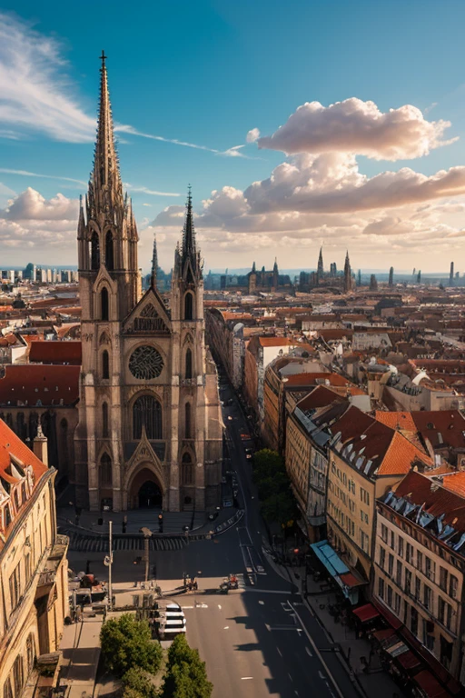 wide angle aerial view, dvArchvictorian with tall dvArchgothic style buildings, professional architecture photography, 16mm, f8, portrait, photo realistic, hyperrealistic, orante, super detailed, intricate, dramatic,dramatic sunset lighting, shadows, low contrast, desaturated, night scene, beautiful light, (surrealism:1.0)