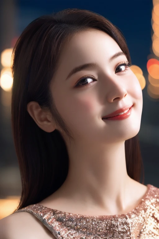 8K, Ultra-high resolution, Highest quality, masterpiece, 三分割法によるphotograph,Surreal, photograph, 1 girl, (16 years old:1.3), pretty girl, Cute face, Beautiful eyes in every detail, 細かくdetailedに,masterpiece,, One Girl:1.2, Japan Female Announcer,whole body,Young Wife, (night, (Neon Signs), (Blurred Background),Sequined fancy dress,Slutty Makeup,Bright red lipstick,A carefree smile,Healing the heart,Black hair bun,Looking at the audience、beauty,Long neck、Laugh a little、Please close your mouth and laugh、(((Ideal body type))),A-cup small breasts :2,、Portraiture:2、Perfect Anatomy、鮮明なdetailed、detailed、Surreal、Light and shadow,Strong light