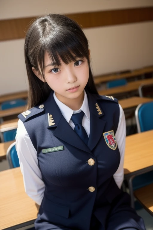 beautiful illustrations、highest quality、ultra high resolution、Professional specifications、(((Elementary school student leaning forward with both hands on the desk.))、((School Classroom Desk))、light blue school sailor uniform、very short skirt、((Police Officer Cap))、short sleeve、'face、looking at the viewer、The corner of the desk sticks to your crotch、horny masturbation