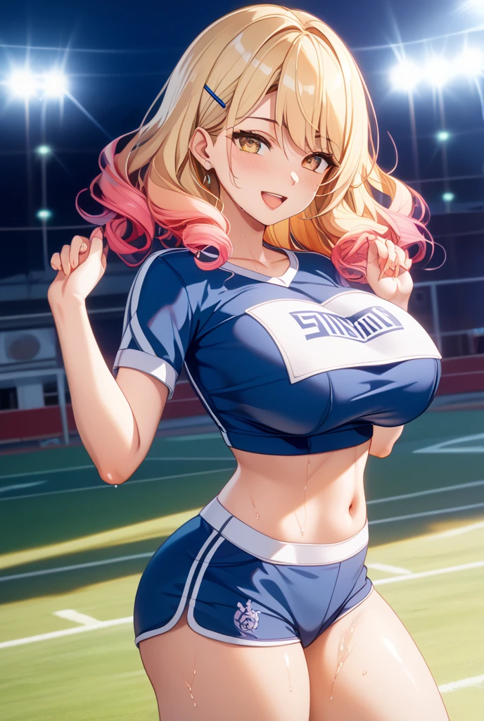 1girl, Arisa ichigaya, x hair ornament, blonde twintails, large breasts, pink cheerleading uniform, belly, night, stadium background, cute face, smiling