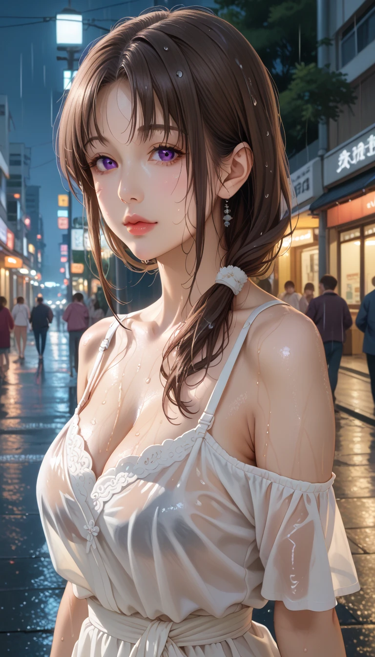 (RAW Photos, 最high quality), (Realistic, photoRealistic: 1.2), (Round face: 1), 1 girl, Outdoor selfie, (Skin with attention to detail: 1.2), (Puffy eyes), (Lying Silkworm), smile, clavicle, water, Straight brown black hair, Soft lighting, high quality, Cityscape, Skyline, night, rain, Wet, Professional Lighting, Photon Mapping, Radio City, Physically Based Rendering, Wet, Bustier, Transparent