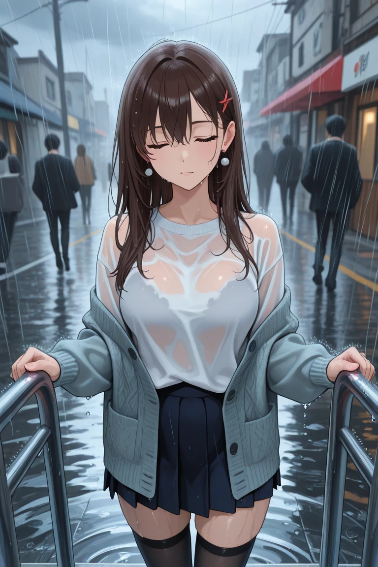((masterpiece,Highest quality;1.3,best illustration)),cowboy shot,1woman、25 year old beauty、独奏,((very small head:1.5)),dark brown hair,long hair,bangs,brown eyes,gorgeous eyes,blush,small breasts,((very long body:1.3)),((toned body,slender body,skinny)),gleaming skin,shiny skin,oily skin,(Soaked in the rain、Black zip-up hoodie outer jacket、White tight T-shirt、denim micro shorts)、Carrying a black backpack、sitting,heavy rain、rain、on street,Tokyo,nsfw,