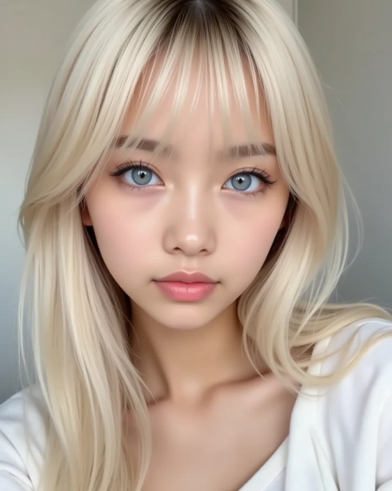 A perfectly beautiful face、Super long messy silky beautiful blonde、Beautiful cute girl 15 years old、Sexy and very beautiful cute face、Beautiful cute sexy bright pale sky blue big eyes、Long beautiful bangs、Very super long beautiful blonde shiny silky hair、Very white skin、Cheek gloss、Glossy skin、eyeliner、A peerless beauty、Hair above the eyes、片Hair above the eyes、Hair between the eyes、