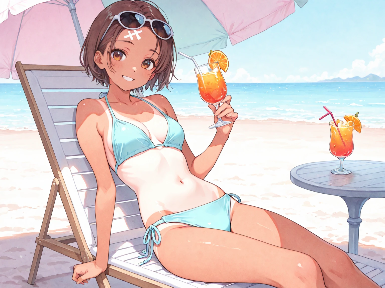 score_9, score_8_up, score_7_up, score_6_up, score_5_up, score_4_up, source_anime, ffsubaru, short hair, black hair, bow hairband, polka dot bow, multicolored eyes, breasts, collarbone, bare shoulders, cleavage, striped bikini, off shoulder, multicolored jacket, aqua jacket, open jacket, long sleeves, <lora:oozora_subaru_ponyxl_v2:0.9>, leaning back, beach, beach chair, holding cup, cocktail glass,