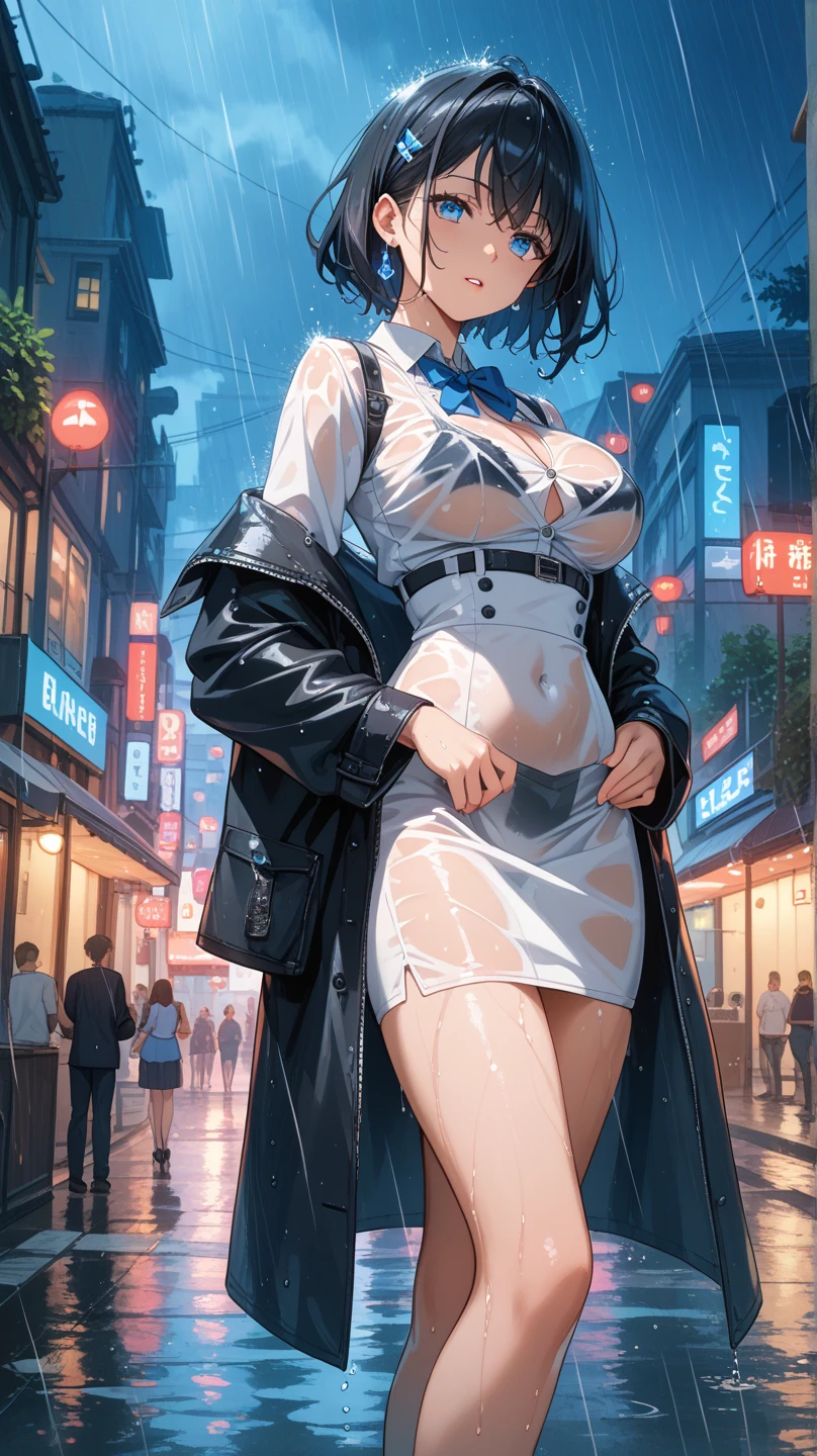 cute girl,(((1girl))),((girl with extremely cute and beautiful black hair)),
(large breasts:1.4),(((black hair:1.35,colored inner hair,ear breathing,large hair,tomboy haircut))),(((blue_eyes:1.3))),intricate eyes,beautiful detailed eyes,symmetrical eyes,((fat)),((lustrous skin:1.5,bright skin: 1.5,skin tanned,shiny skin,very shiny skin,shiny body,plastic glitter skin,exaggerated shiny skin,illuminated skin,wet legs))),(spider lower abdomen,narrow waist,wide hip,athletic body,inflated legs,detailed body,(detailed face)),
cute,slutty,seductive,erotic,(((nsfw))),
((((glasses)))),(((wearing white formal blazer,black formal pants,))),(((huge cleavage))),((wet clothes,intricate outfit,intricate clothes)),
(dynamic pose:1.0),solo focus,embarrassed,(centered,scale to fit dimensions,Rule of thirds),
cyberpunk city by the ocean at night, with bright neon signs and dark stormy clouds and puddles, scenery:1.25,nighttime, starry night, cosmos,Very dark night that makes the neon lights stand out, very bright neon lights,nighttime, starry night, cosmos,
artistic photography,(photography taken by sldr),highres, sharp focus, (ultra detailed, extremely detailed), (photorealistic artwork:1.37),(extremely detailed CG unity 8k wallpaper),((synthwave background theme)),(((vibrant colors))),(intricate background),(masterpiece),(best quality)