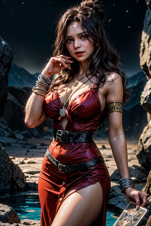 (1 woman), portrait of a postapocaliptic stunning sexy white woman warrior, (((wearing fabric vivid red slingshot, ((onepiece slingshot)), (military belt), machine gun belts))), (((long naked legs, slim body, soft white skin, thin waist, big breast, sexy pose, lush black hairstyle in the style of the 80s))), artistic pose, voluptuous breast, photorealistic, ultra detailed, masterpiece, best quality, HDR, raw photo, realism, apocalyptic ruins can be seen in the desert background, (((optimal proportions of four fingers and one thumb))), detailed realistic eyes.