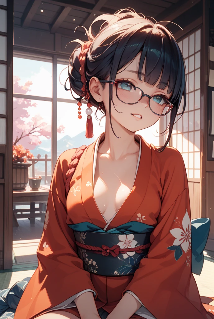 masterpiece,extremely delicate and perfect body,ultra beautiful face,details face,ultra high quality,extremely high resolution,(loli:1.4),(black long hair),(braid hair:1.3),glasses,,skinny,(middle breasts:1.2),(kimono,cleavage:1.6),(wariza:1.4),japanese room,(happy,smile)
