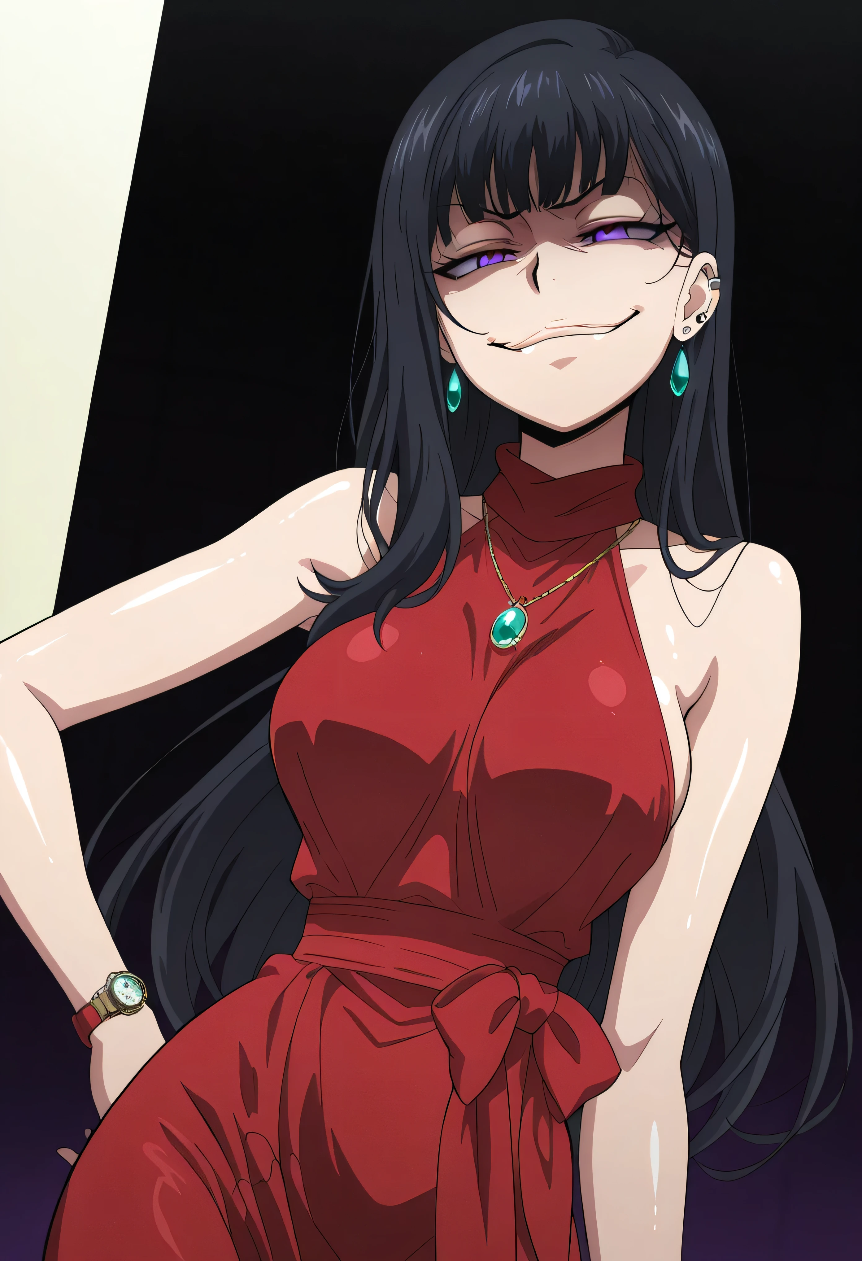 black hair,long hair,purple eyes,red sleeveless dress,,ear piercing, long hair, , ,Hot Girl, , , charming ,should wear a cross necklace, masterpiece, best quality, very detailed, A girl in a long dress、using a navy cutout for a photo shoot, , , , (nsfw) unfit for work, exposed dress, Beautiful Dress  ,official artwork,  gem, earrings, intricate detailed background,  , Luxuriously decorated  ,  ,, medium to large breasts ,watch viewers , , Anipai  _style , anime screen capture , anime coloring, solo,1girl,(glossy skin:1.3),(evil smug:1.5)