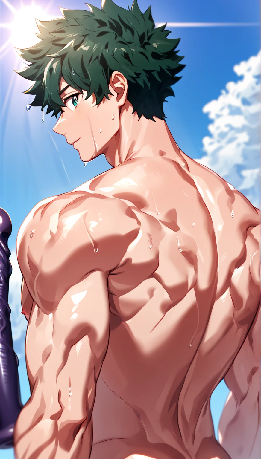 boku no hero academia artstyle, digital art, intricate details, 1boy, a young handsome boy bodybuilder flexing and posing, suggestive poses, izuku midoriya, midoriya izuku, short hair, male focus, messy hair, freckles, detailed eyes, balanced eyes, detailed face, naked, nude, shirtless, pantless, detailed skin, smooth skin, big nipples, big muscles, muscular!!!, bodybuilder physique, exaggerated musculatures, ((huge penis)), horsecock, blushing, seductive, confident, smug, furrowed eyebrows, grinning madly, lustful, clenching fists, outdoors, beach, perfect hands, sexy and cute, masterpiece, 8K HD