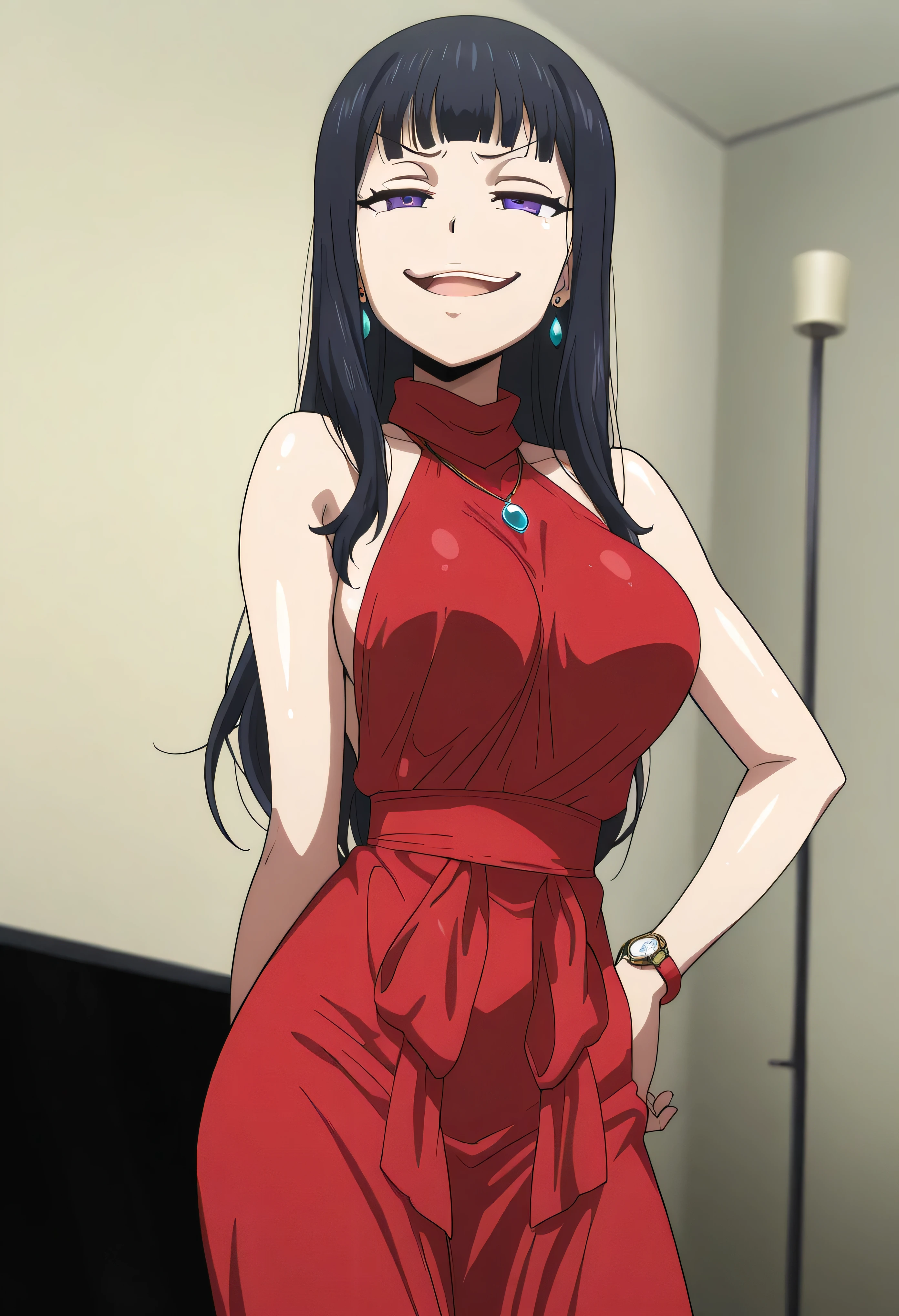 black hair,long hair,purple eyes,red sleeveless dress,,ear piercing, long hair, , ,Hot Girl, ,(smug:1.5) , charming ,should wear a cross necklace, masterpiece, best quality, very detailed, A girl in a long dress、using a navy cutout for a photo shoot, , , open mouth, (nsfw) unfit for work, exposed dress, Beautiful Dress  ,official artwork,  gem, earrings, intricate detailed background,  , Luxuriously decorated  ,  ,, medium to large breasts ,watch viewers , , Anipai  _style , anime screen capture , anime coloring, solo,1girl,(glossy skin:1.3),