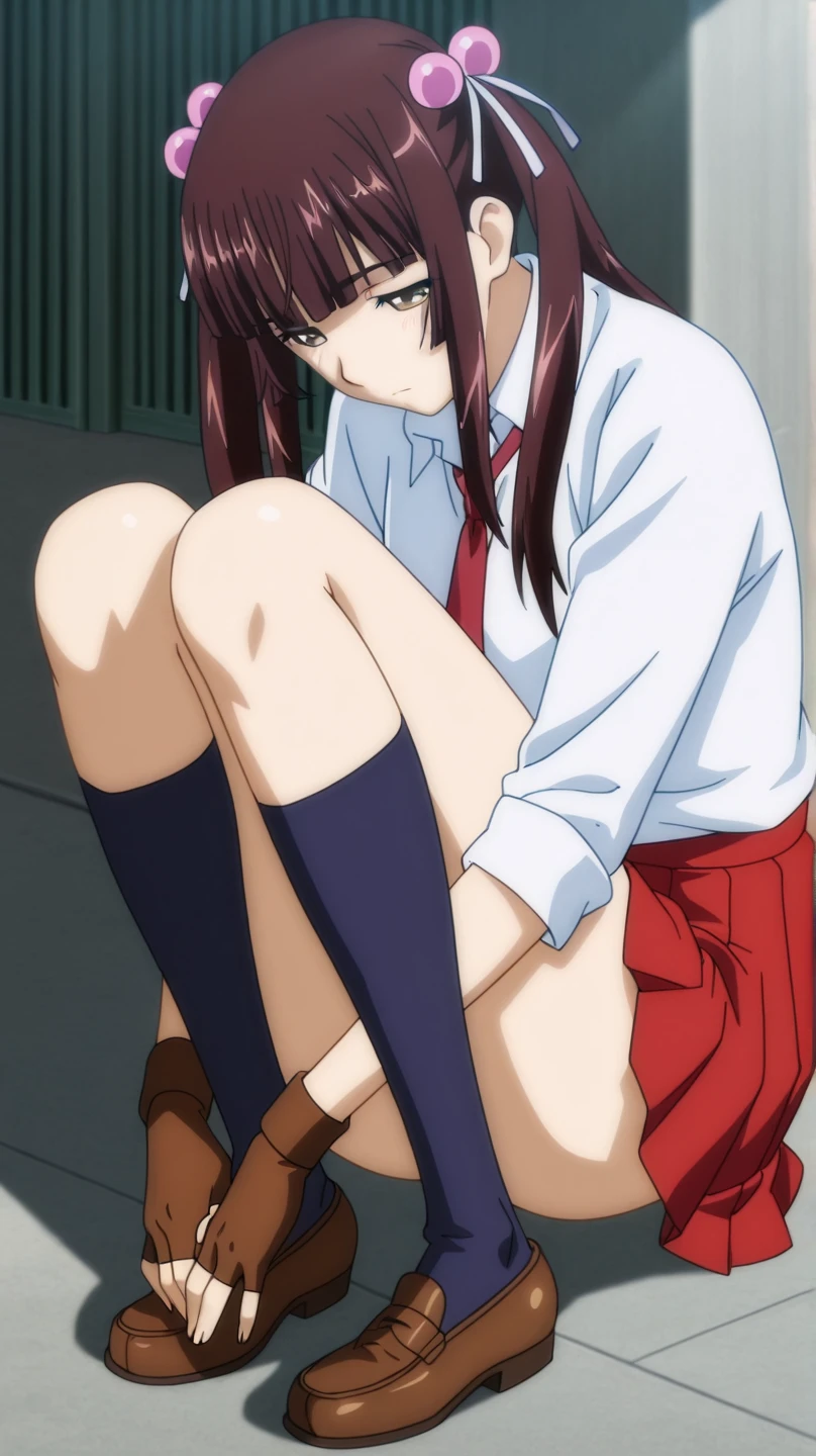 Best Quality, masutepiece, 超A high resolution, (Photorealistic: )2D official style cel anime sitting amagami Tsukasa Ayatsuji　girl with　hi-school girl　uniform gymnasium　white line mini skirt　Open legs　Lift the shirt　Light blue lace bra　Show me your light blue lace underwear　be shy　Longhaire　Straight hair　from the front side　knee sox　lowfers