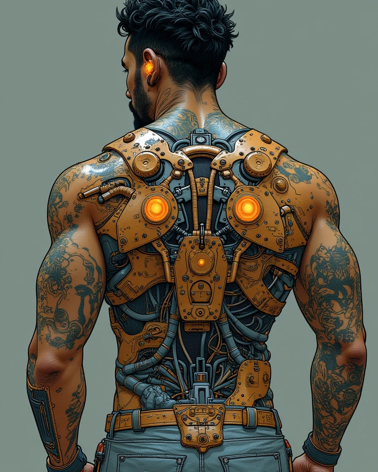 tattoo design, a steampunk, bio mechanic, with steam, pipes and cogweels. on a Back from a man
