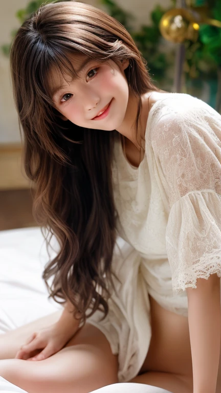 Tabletop, Highest quality, Super detailed, In detail, High resolution, 8k wallpaper, Perfect dynamic composition, Natural color lip,(Wearing a long white dress:1.5),(Long Hair:1.3),I want to convey a fun atmosphere.,20-year-old girl,(smile:1.3)、Beautiful hair in the morning sun、Sleeping on your back,Lying on her back in bed, sleeping in bed, looking a little sleepy, with her hair spread out carelessly,