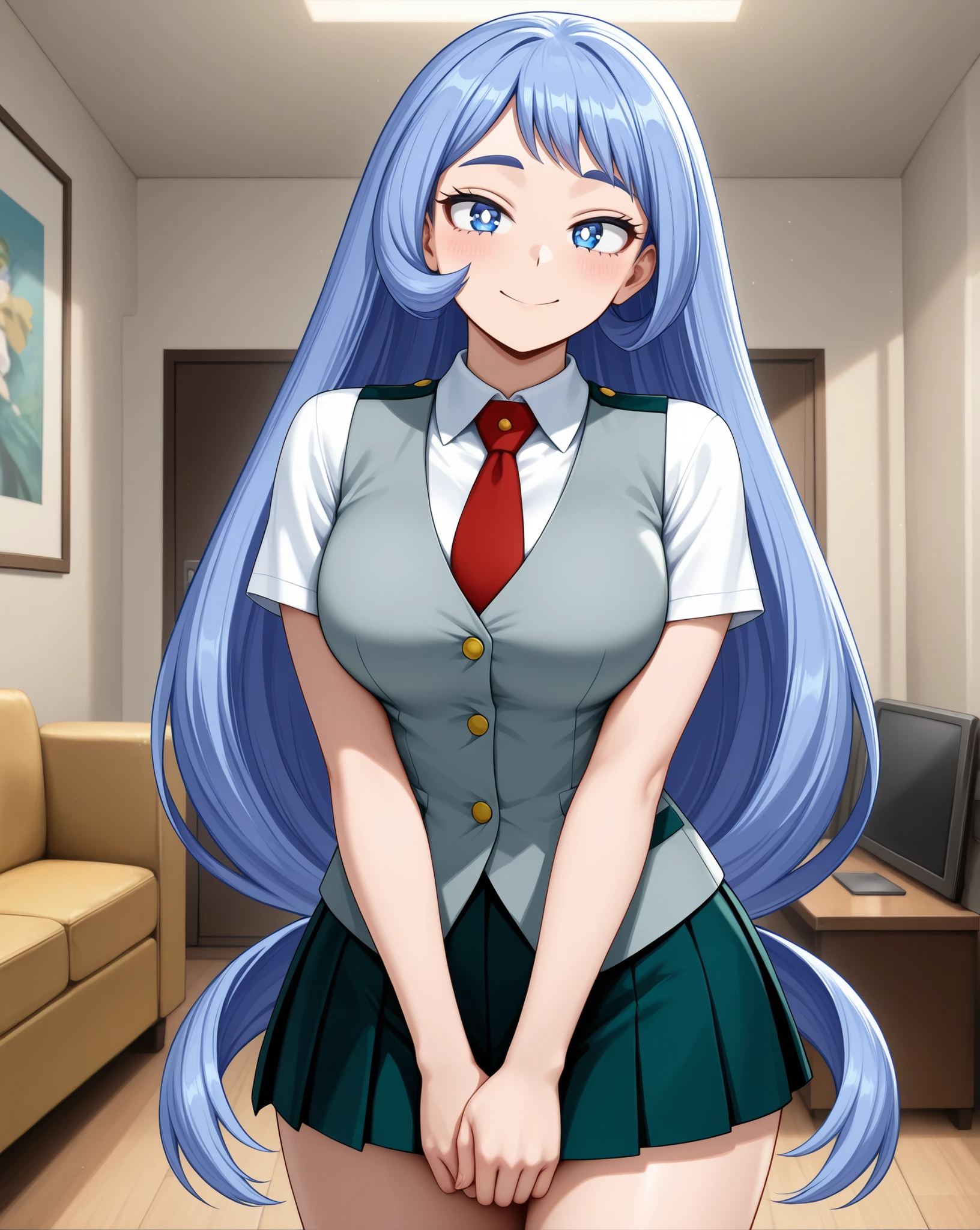 (open eyes, eyes wide open, happy, neutral expression,
standing, standing straight, front view, cowboy shot,) medium breasts,
hadou Nejire \my hero academia\,
blue hair, blue eyes, long hair, very long hair,
School Uniform,
grey vest, sleeveless vest, 3 buttons vest, buttoned vest,
white shirt, short sleeves shirt, collared shirt,
necktie, red necktie,
pleated skirt, green skirt, mid-lenght skirt,
living room,
1 girl, solo,
bright face, perfect face, expressive eyes, large eyes, big eyes, flatshading, masterpiece, best quality, amazing quality, slim, cute anime girl, source_anime, milf, motherly, tall female, mature female, (mature anime female, seductive anime girl, mature_lady, beautiful anime woman, attractive anime woman,) anime style,