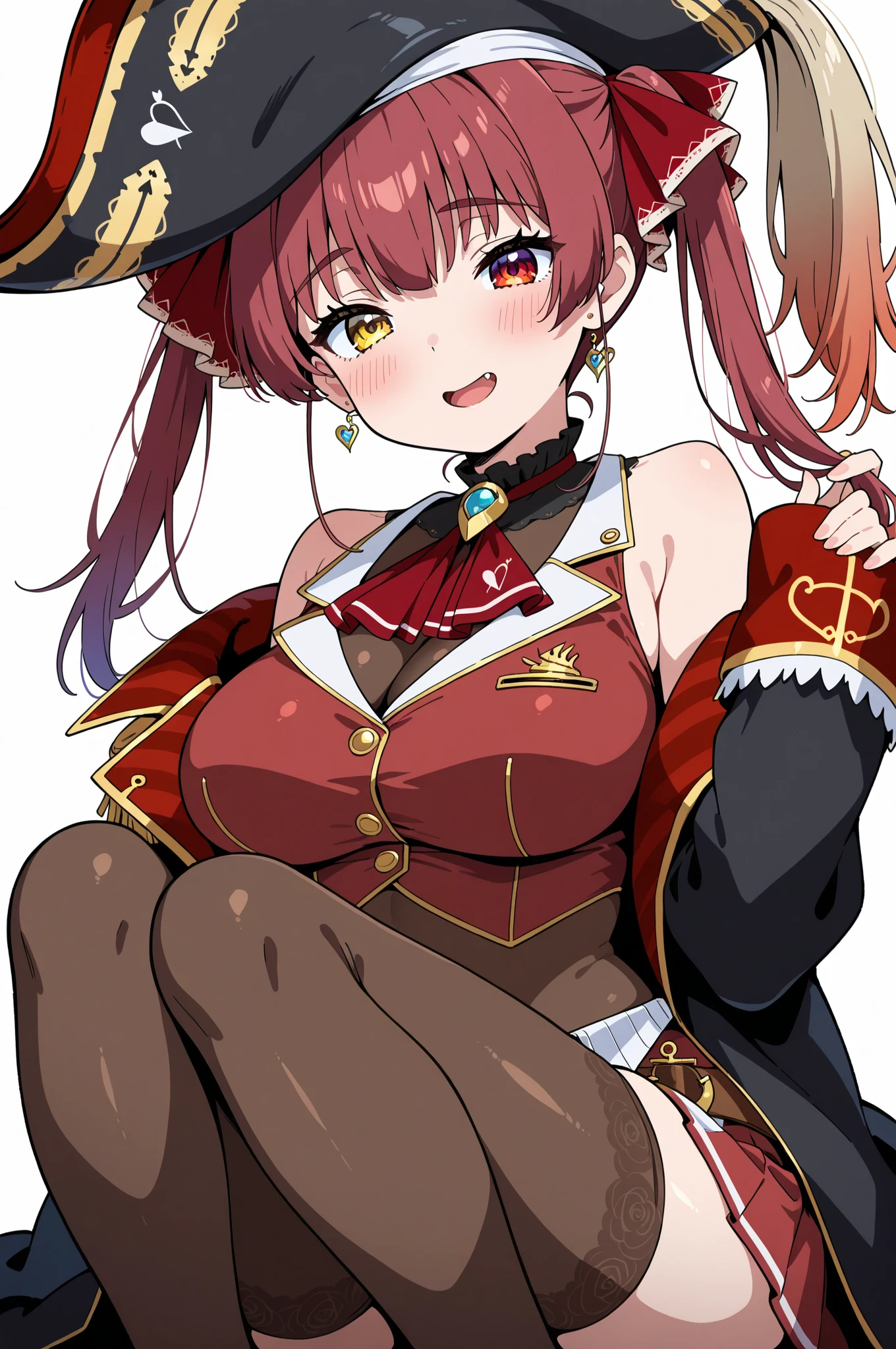 ((Highest quality)), ((masterpiece)), (detailed)One Girl, alone, ((Houshou Marine)), Long twin tails, (Red hair ribbon), Large Breasts, smile, Thighs, pirate hat, Red mini skirt, Belly button、Cleavage、Black knee-highs、Spread your legs,The underwear is black