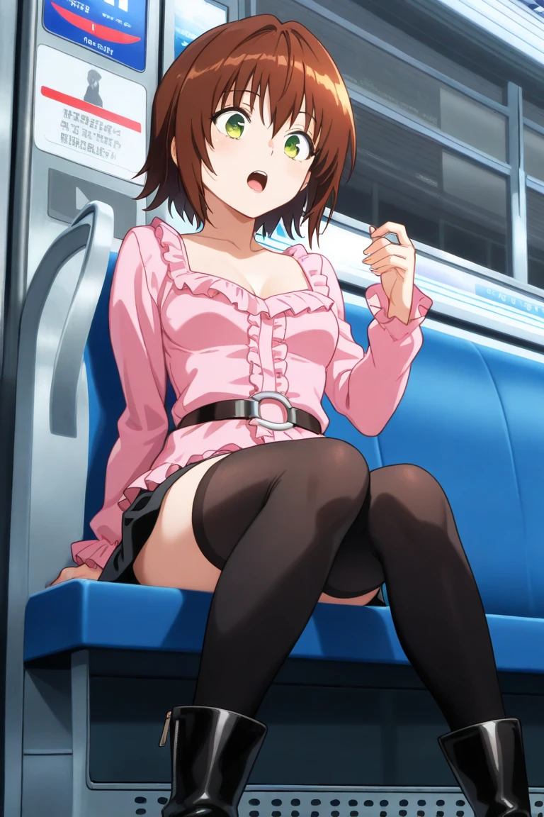 (1) Sitting alone on a long seat in a train,Sit with your legs apart,Panty shot,White panties are visible, , Composition from the front,Low - Angle,
(2) I'm a jk, She is wearing a uniform consisting of a miniskirt, sailor suit and loose socks.,
(3) I have medium length brown hair,
(4) The expression is provocative and smirking.,
(5) The location is a long seat on the Yamanote Line at night.,There are no other customers,The view outside the window is the night view of the city