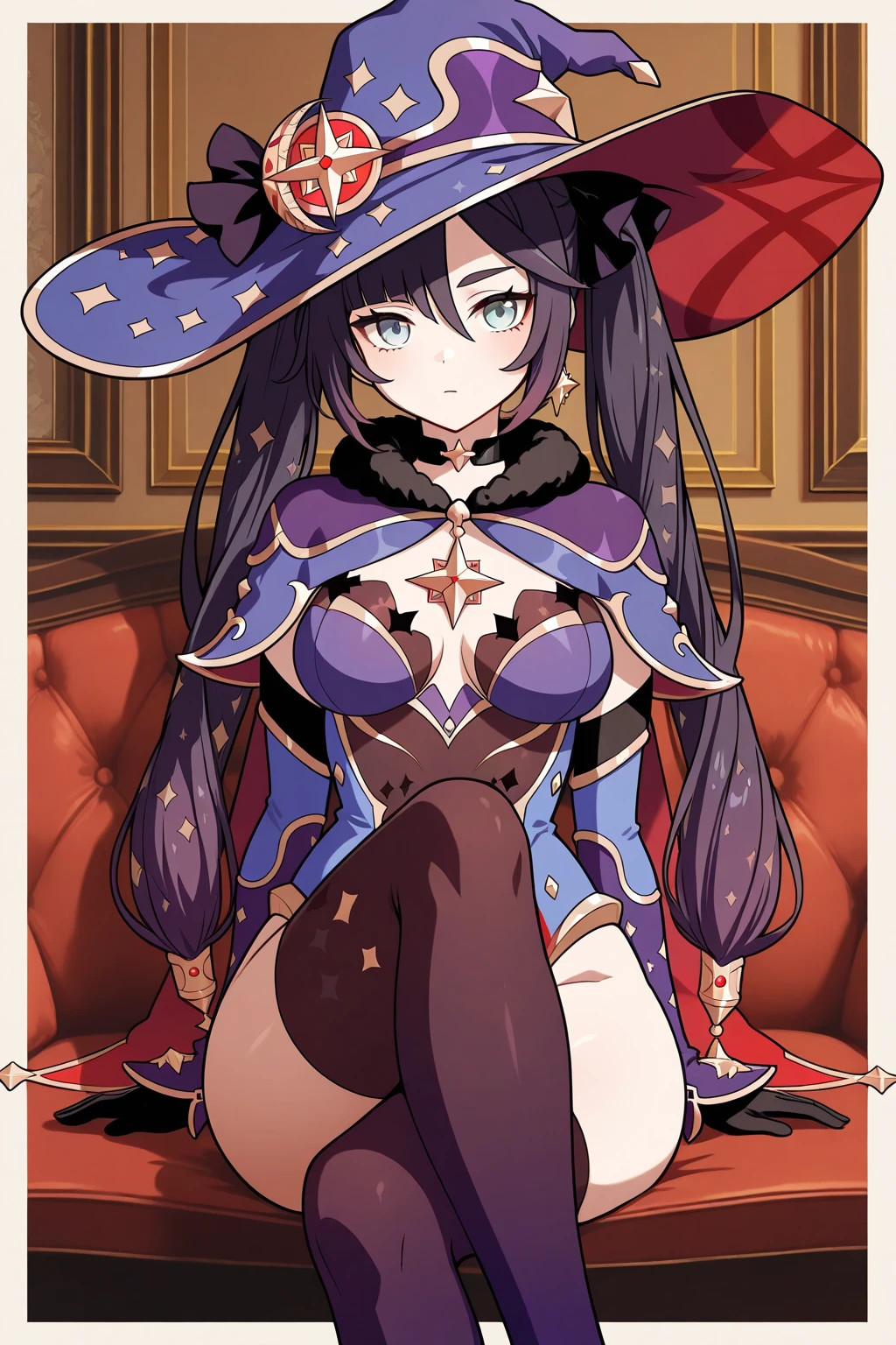 ((highest quality)), ((masterpiece)), (be familiar with), perfect face、Magical girl、young girl、I&#39;m thin and my bones are noticeable、big breasts、blue hair、fluffy short hair、red eyes、have a magic wand、a wand with a large red gem、half naked、wizard&#39;s hat、wide brimmed hat、Round big glasses、pure white skin、black robe、