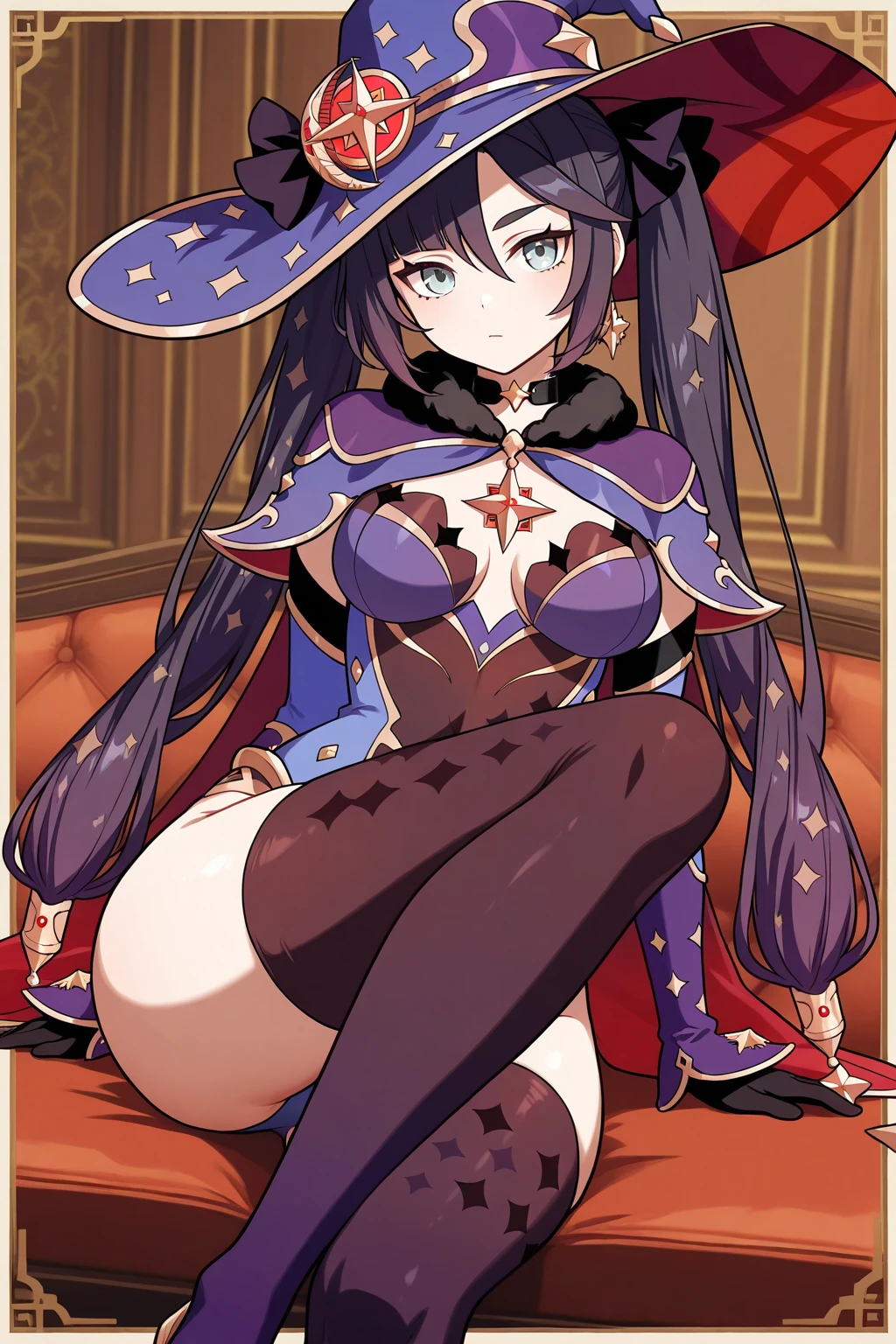 score_9, score_8_up, score_7_up, score_6_up, score_5_up, score_4_up BREAK source_anime, 1girl, solo, monaxl, long black hair, green eyes, tsurime, twintails, medium breasts, witch hat, bodystocking, leotard, elbow gloves, thighlet, fur-trimmed capelet, fantasy, outdoors, night, starry sky, sitting, looking at viewer, pixel art, 64 bits,