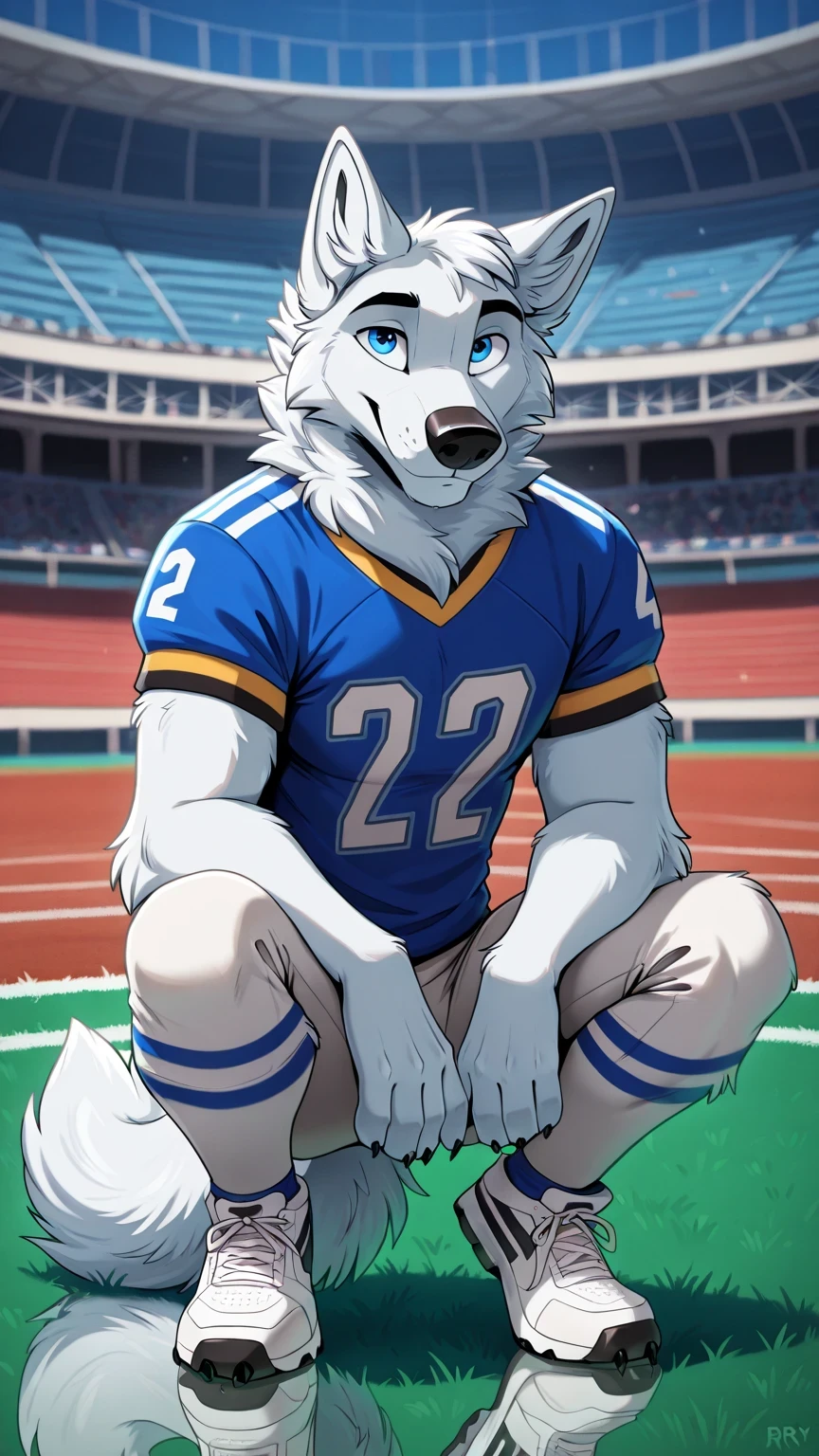 american football stadium background, Eye blue, Reflections, full body, antropomorfico, Adult Wolf, without humans, by ango76 , Masterpiece, better quality,very aesthetic, newest, anthropoid, mammal, a boy, Clothes, Alone, byry, byry Macho, macho focuS, blue eyes, postura bipeda in front, Male Wolf,male white wolf furry, by, squatting posture, squatting, claws, animal ears, high resolution, blue color american football jersey, lycra american football tights white, white sneakers, wolf tail, in front