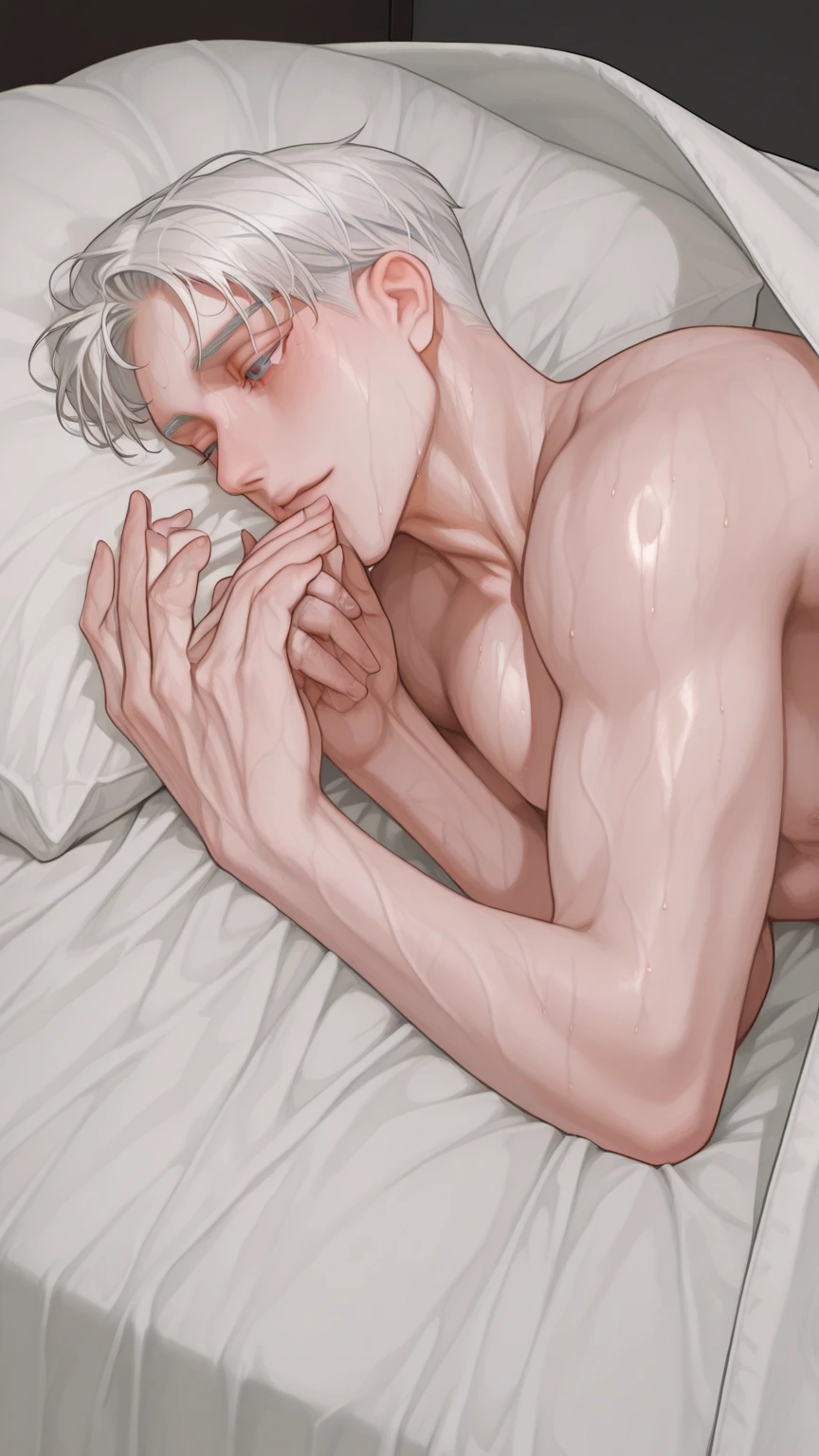 1boy muscular buff (full body), masterpiece, best quality red eyes, 1boy buff man ((laying down)) ((sleeping)) dozing in bed, rugged face, solo, male focus, facing at viewer, top view image of full body, Natsu Dragneel natsu_dragneel, pink hair, closed eyes, shirtless naked, toned muscle, pectorals, 8 abs, toned legs, ((naked flaccid penis and scrotum)), laying relaxing in a bedroom, open world night time, candles, detailed, lighting, dim lit, night time, ((wet body))