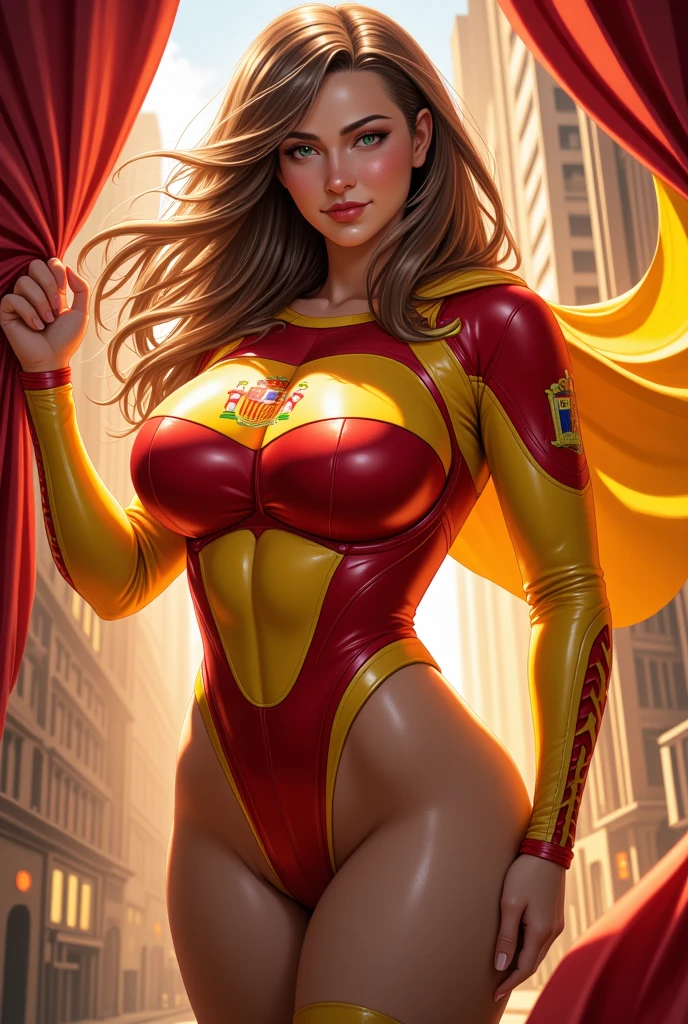 ((best quality)), ((masterpiece)), ((ultra realistic)), (dynamic twirl pose), american, beautiful detailed face, detailed eyes, sexy reporter, dressed in a red leotard, highly detailed, professional, bare legs, (full body costume design), standing, brown hair, medium hair, green eyes, yellow knee boots, long blue sleeves with red cuffs, yellow belt, yellow hawk-shaped crest engraved on chest, cowboy shot, spinning energy pulse, light particles, wind swirls, spinning blur, spinning tornado, super spin, time travel, tornado spin